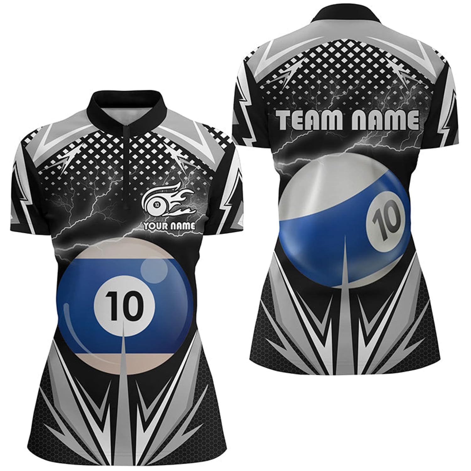 Personalized Thunder Black 10 Ball Billiard 3D Quarter Zip Shirts for Women 10 Ball Billiard Jerseys V0966