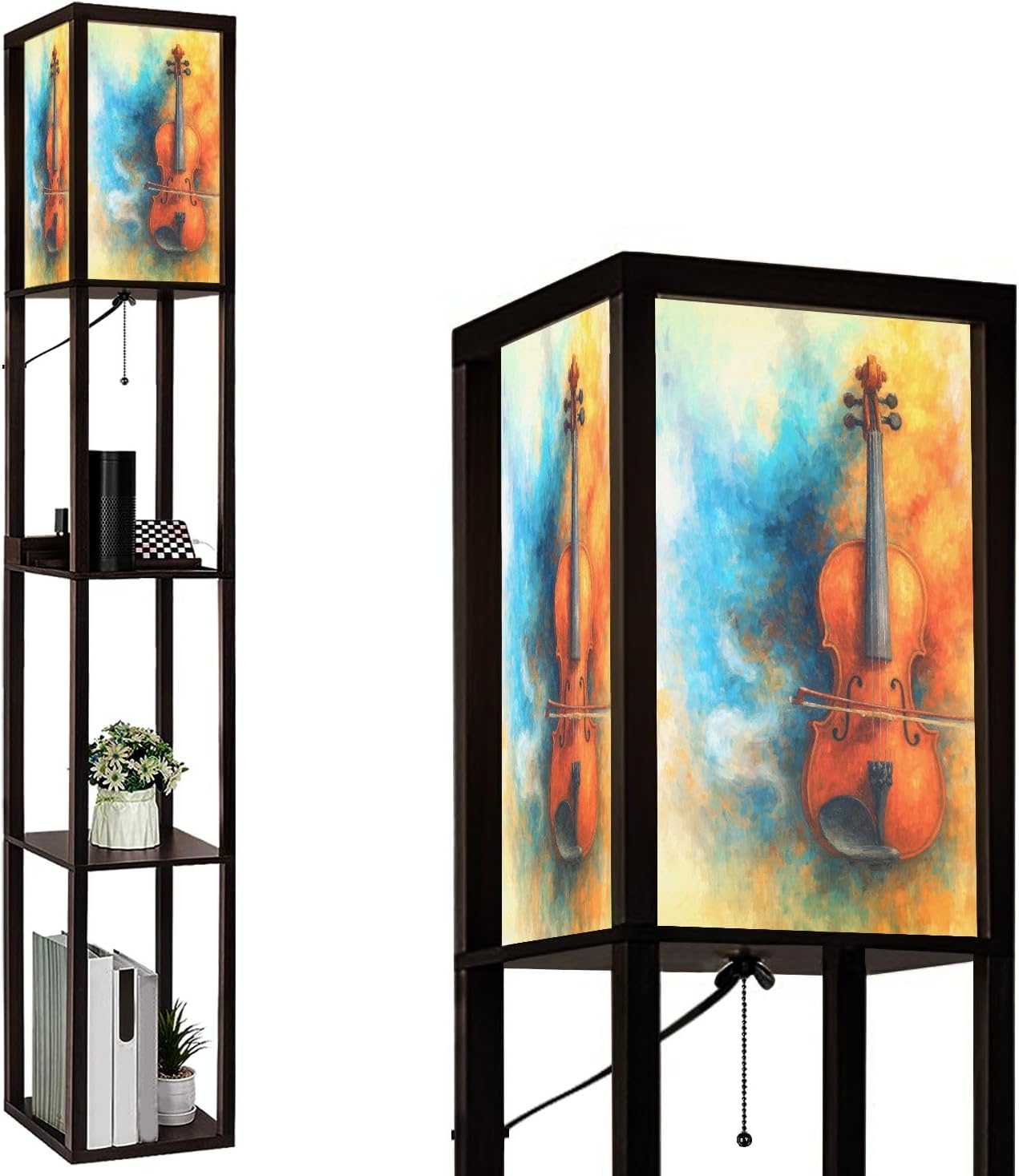 Floor Lamp with Shelves Music Graffiti Poster Cello Instrument Painting Colorful Studio Standing Tall Lamp USB Ports & Power Outlet Modern Corner Lamp Nightstand Light for Living Room Bedroom