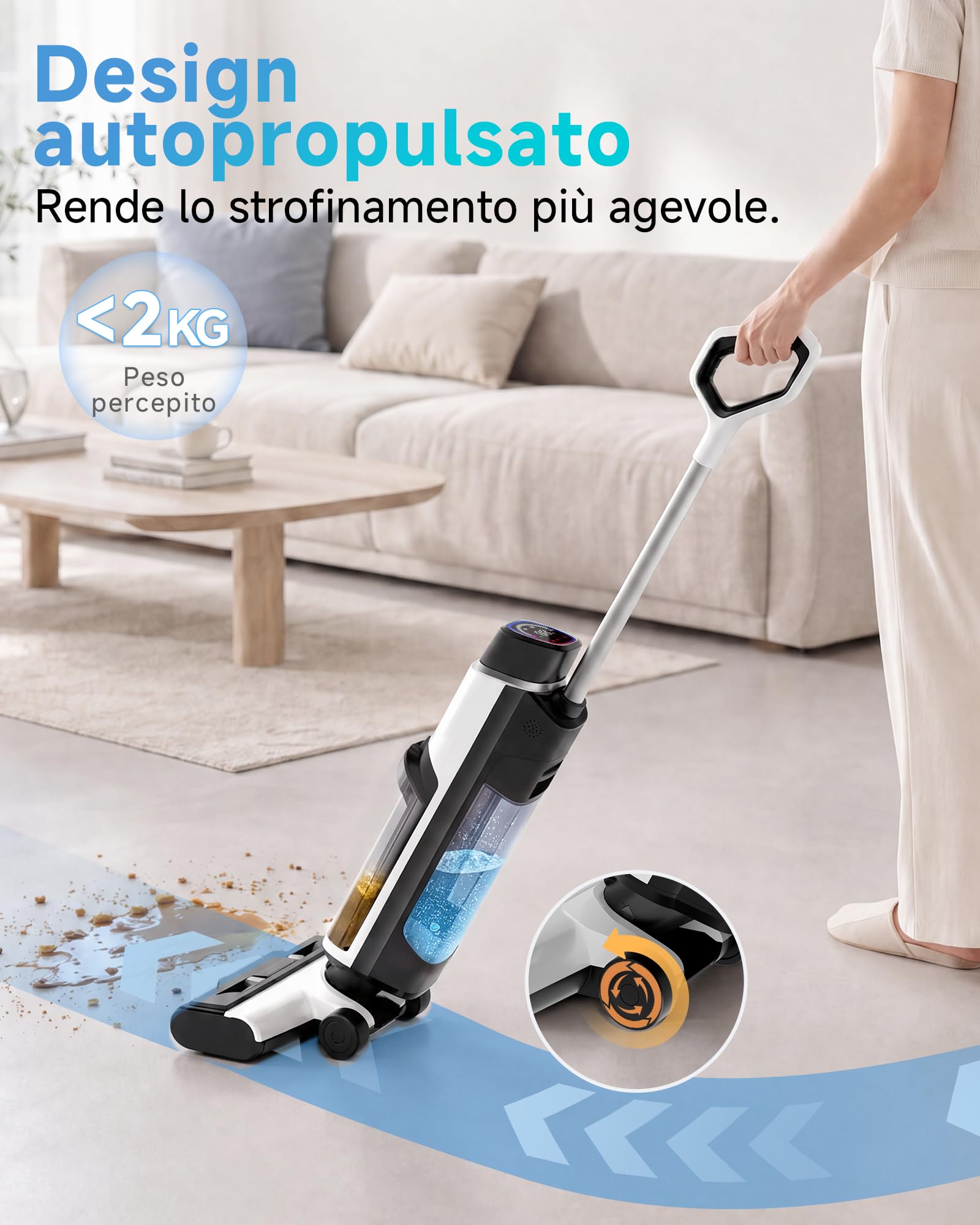 Hearten Aspirapolvere Lavapavimenti, 25kPa con Acqua elettrolizzata, Auto Pulizia, Autopropulsione, Guida Vocale, Anti-avvolgimento, Pulizia Bordi, Display LED, Motore Brushless, Basso Rumore