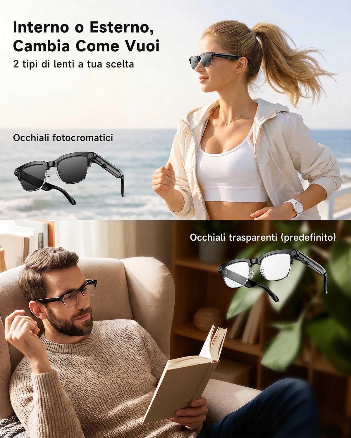 TOOBUR Occhiali intelligenti AI con fotocamera 8MP, video HD 1080P anti-shake, traduzione in tempo reale e assistente vocale, chiamate Bluetooth e audio open-ear per vlogging, viaggi e riunioni