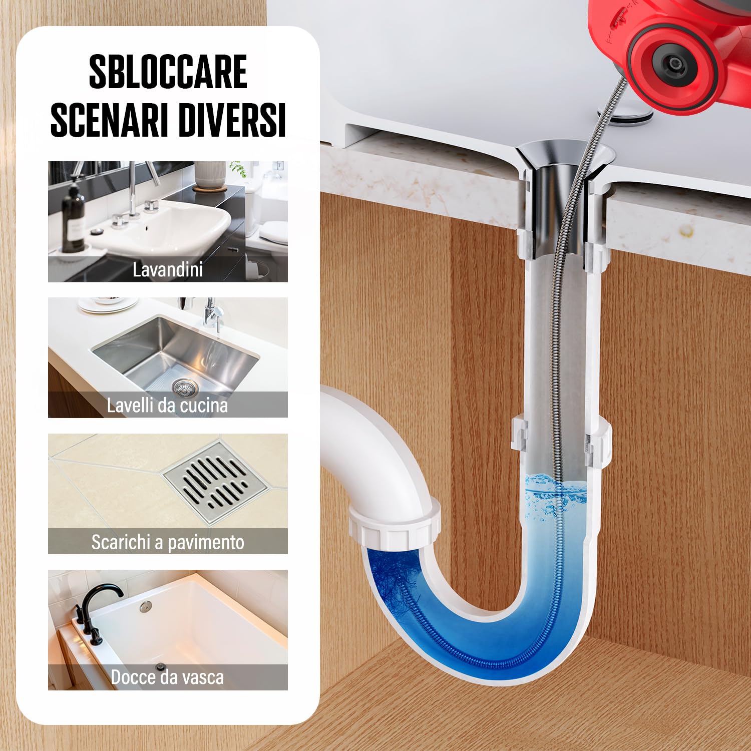 POPULO 18V(20V Max) Trivella di scarico elettrica, 25Ft Utensili per la rimozione di zoccoli di scarico a serpente per impianti idraulici, Pulitore di scarico senza fili per WC, fogna, bagno
