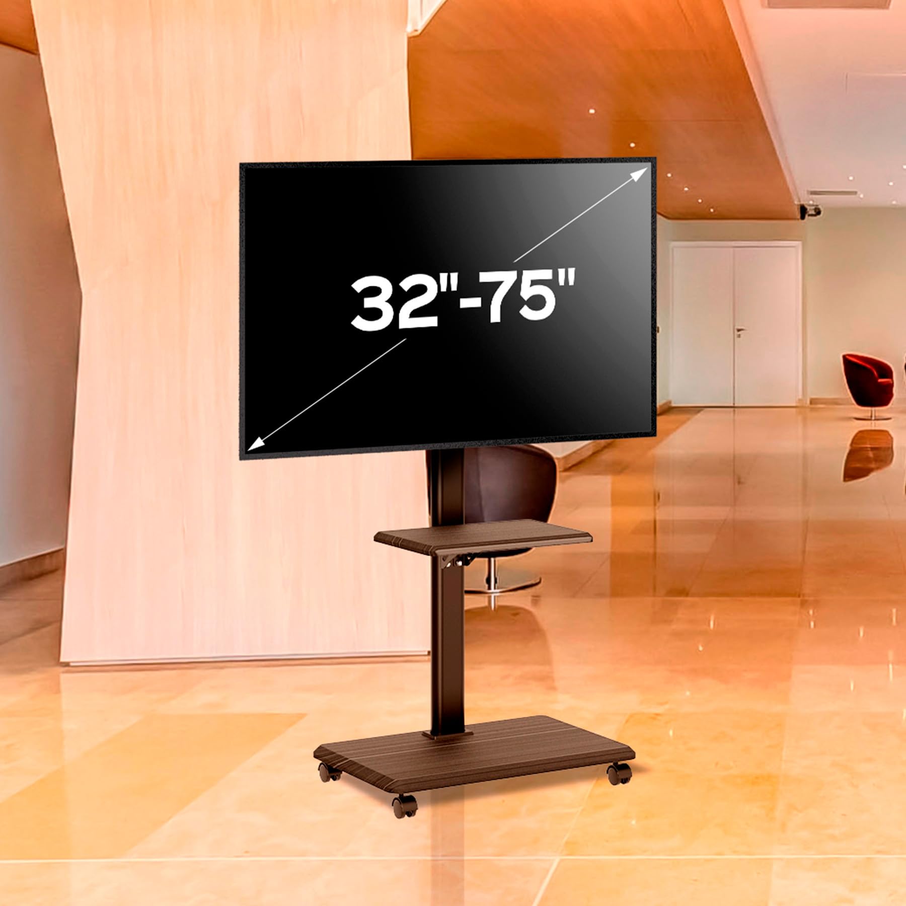 UNYKAch Supporto TV mobile con ripiano e altezza regolabile per schermi piatti e curve da 32-75 pollici (fino a 40 kg), VESA max 600 x 400 mm