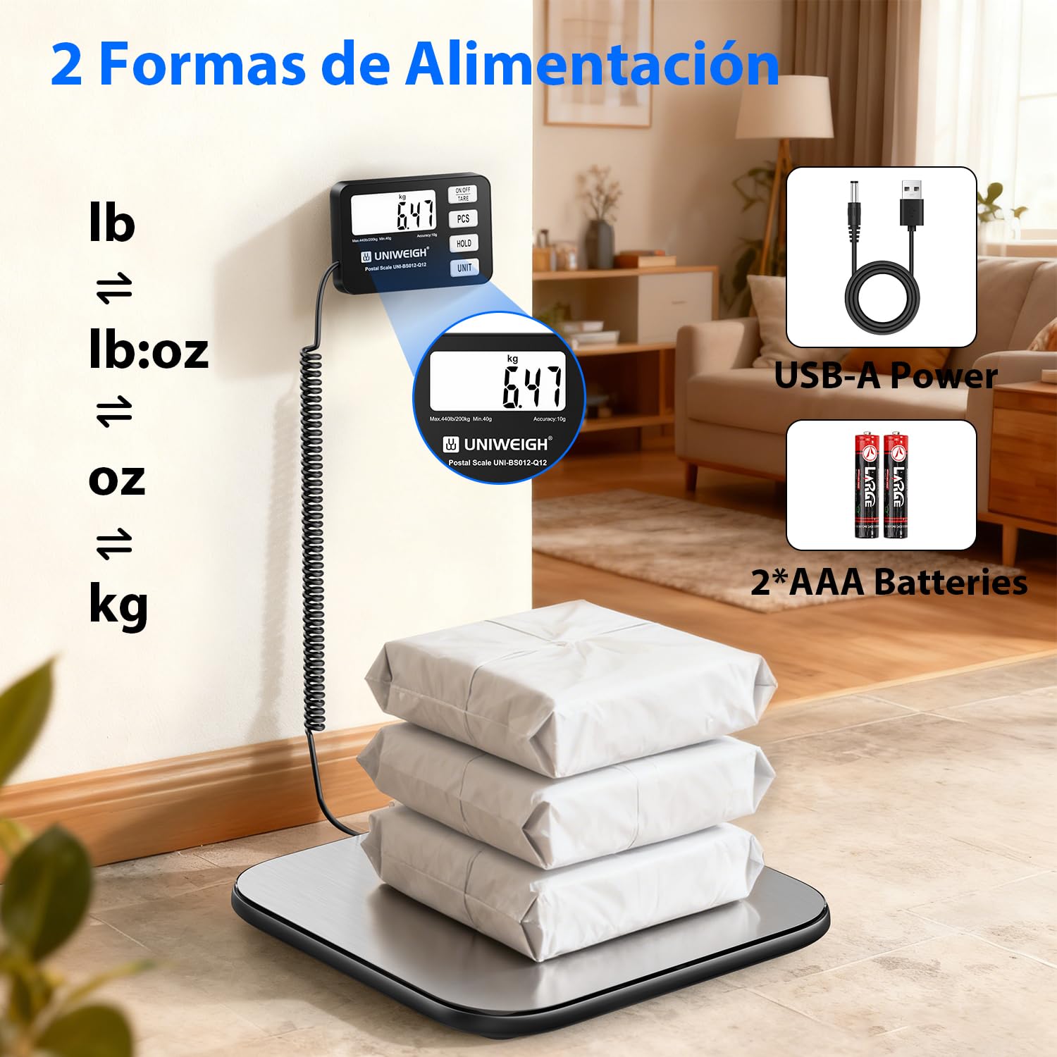 UNIWEIGH Báscula para paquetes 200 kg/10 g de precisión, báscula digital de cartas para paquetes con función PCS/retención/tara, báscula de plataforma para pequeñas empresas, equipaje, uso doméstico