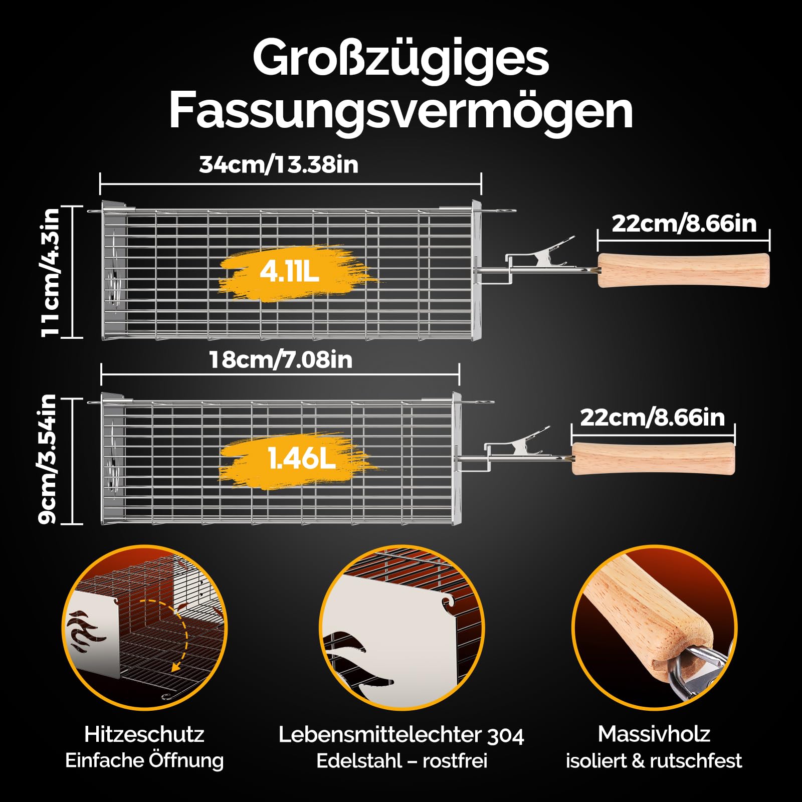 2er Set Grillkorb Quadratisch, Abnehmbarer Holzgriff, Grillkorb Edelstahl 304, Großes Volumen, Outdoor Grill, BBQ Zubehör für Gemüse, Fleisch, Gasgrill, Camping, Garten | Geschenk für Männer, Papa