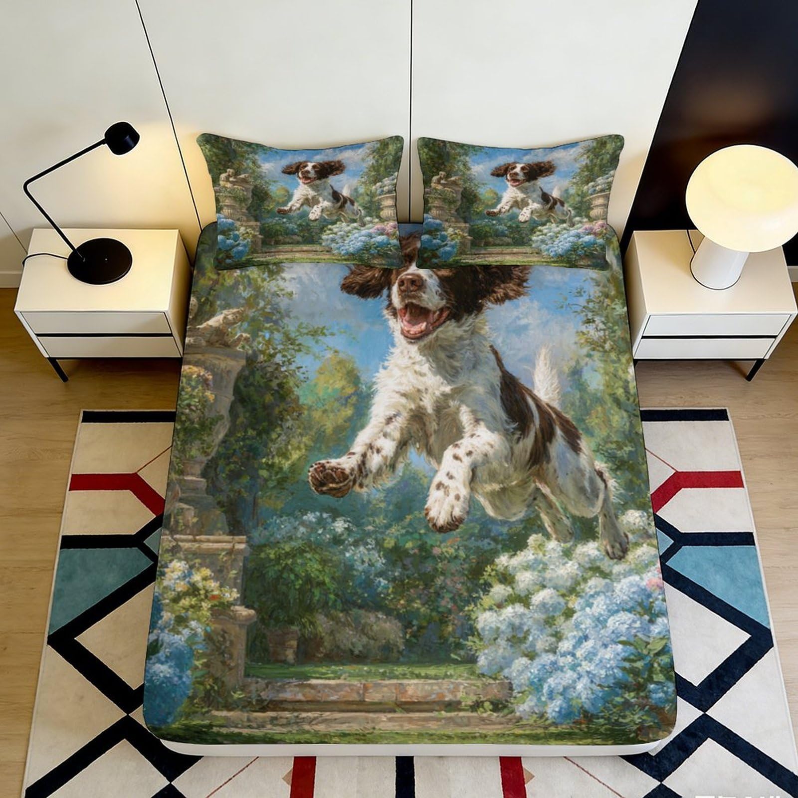 3D Printed Garden Dog Fitted Sheet Microfiber Deep Pocket for All Ages Bedroom Bedding Garden Dog Mattress Fitted Cover Non-Slip Full Wrap Washable 120x200x25cm
