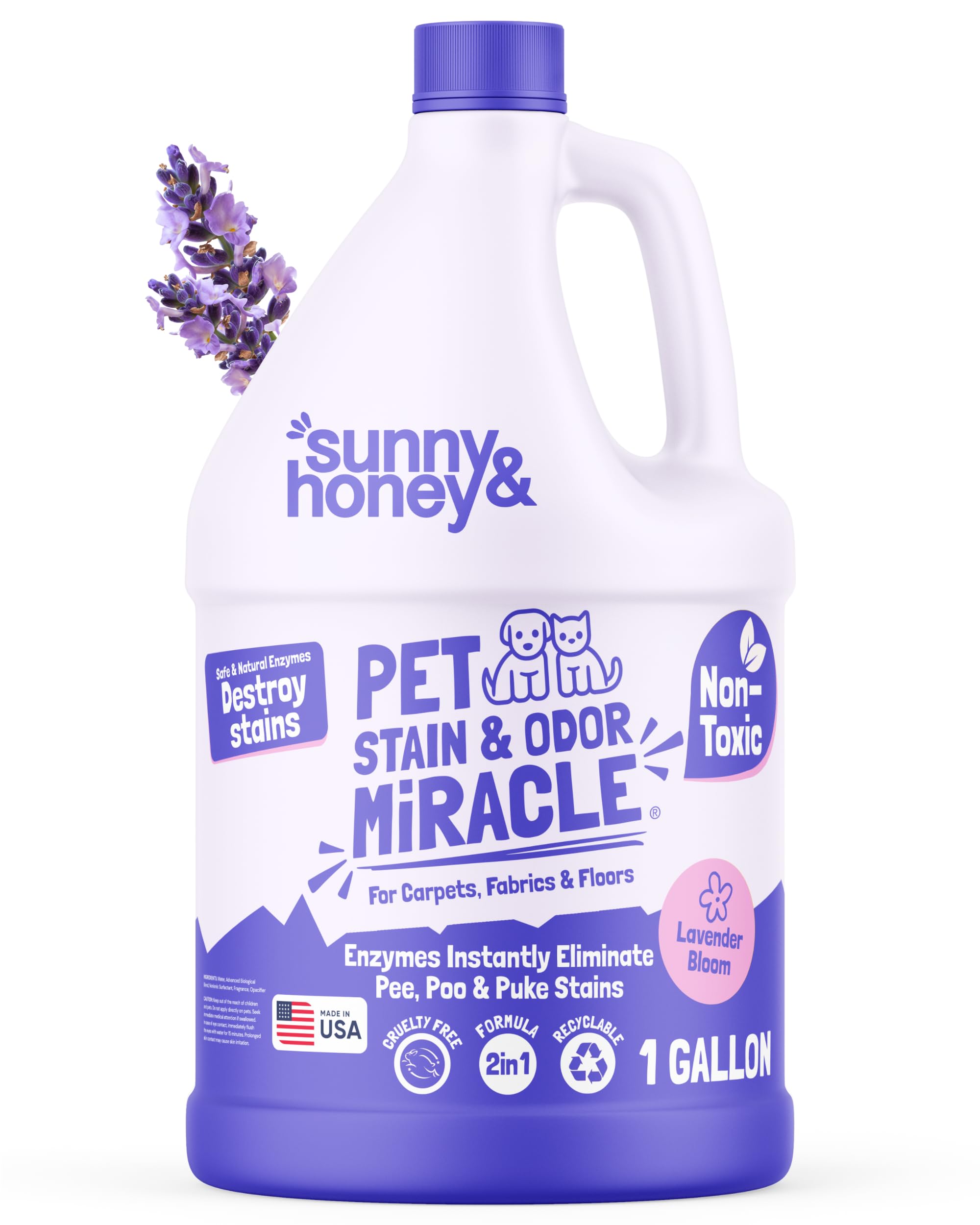 Sunny & Honey Pet Stain & Odor Miracle - 1 Gallon (128 Fl Oz), Light Lavender Scent - Carpet Cleaner - Enzyme Cleaner for Dog Urine & Cat Pee - Pet Stain Remover - Dog & Cat Urine Odor Eliminator