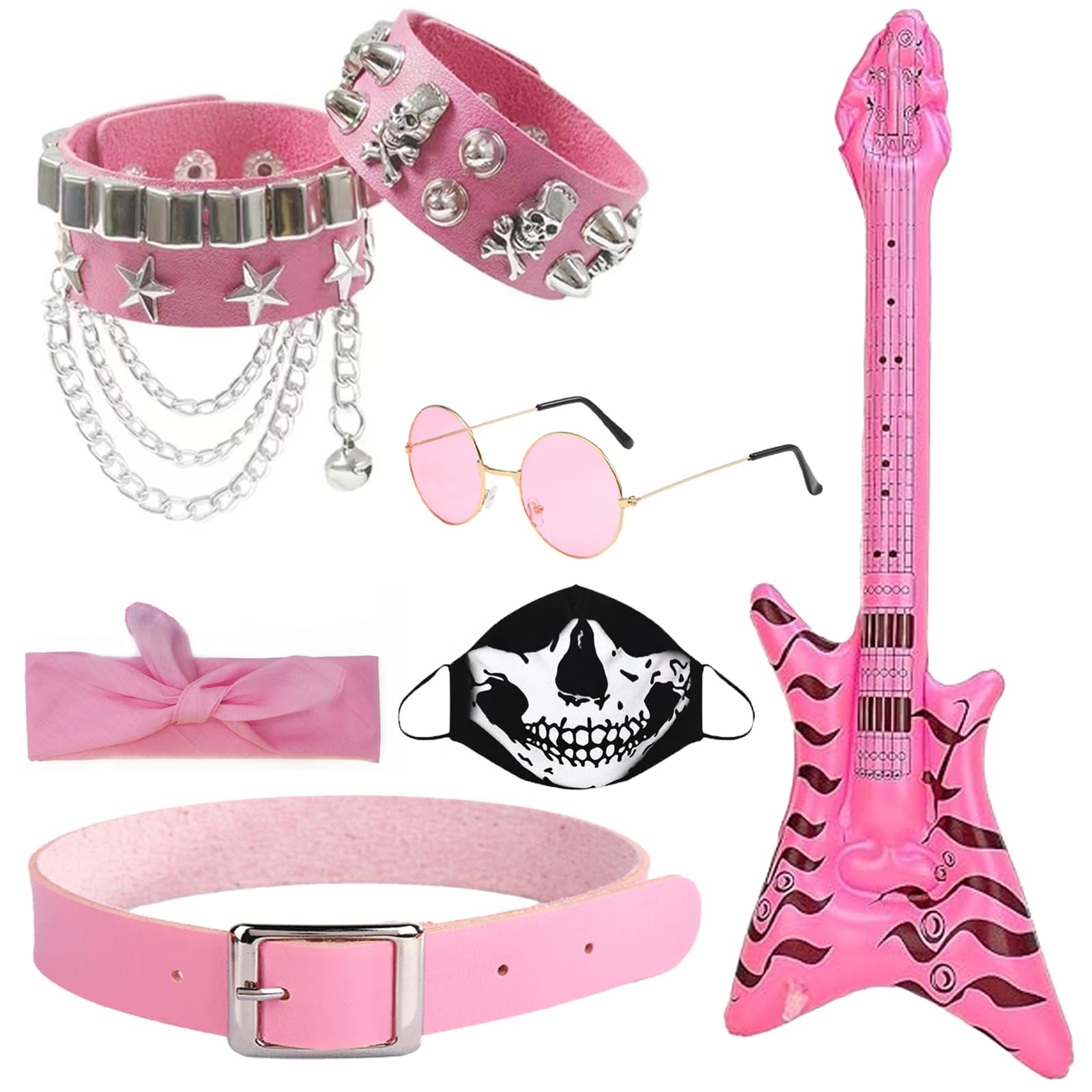 7PCS Rock Star Fancy Dress, Punk Gothic Rocker Costume Set, 70s 80s 90s Rockstar Disco Costume Accessories