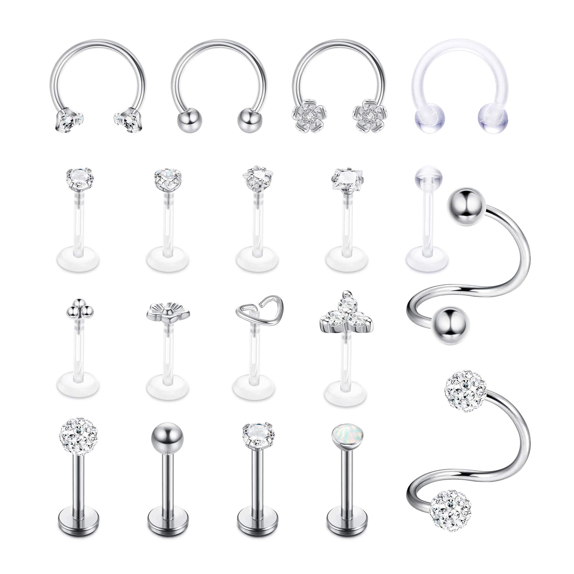 Dochais 19 Piezas Piercing Nariz Helix Cartilago Tragus Tachuelas de Labio Labret Piercing Acero Inoxidable Diamante CZ Cartílago Tragus Flor Hélice Trago Piercing para Mujeres y Hombres