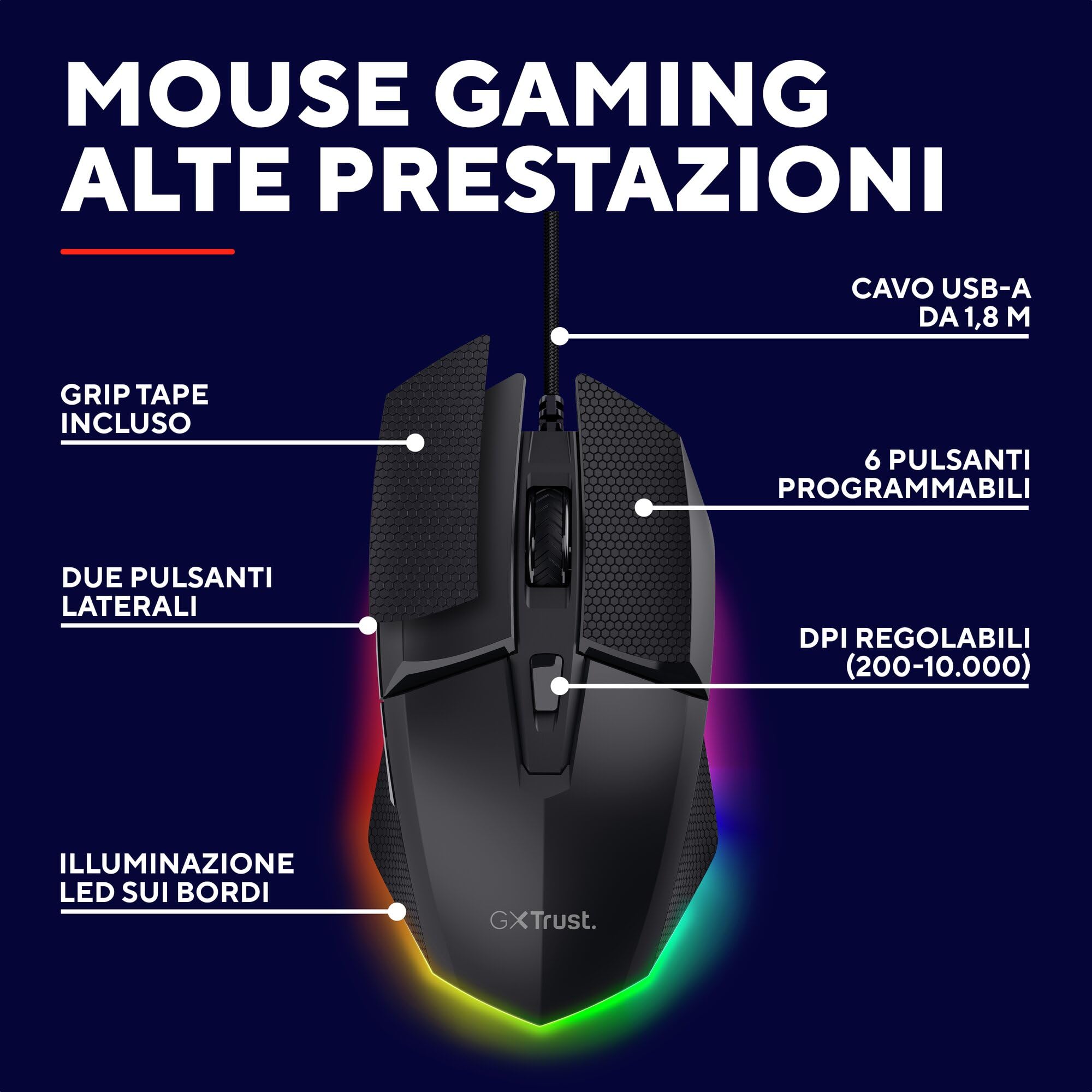 GXTrust 121 Felox+ Mouse Gaming con 6 Pulsanti Programmabili, 10000 DPI, USB 180 cm, Software Incluso, Illuminazione LED Multicolore, Mouse con Filo per PC, Portatile, Computer, Nero