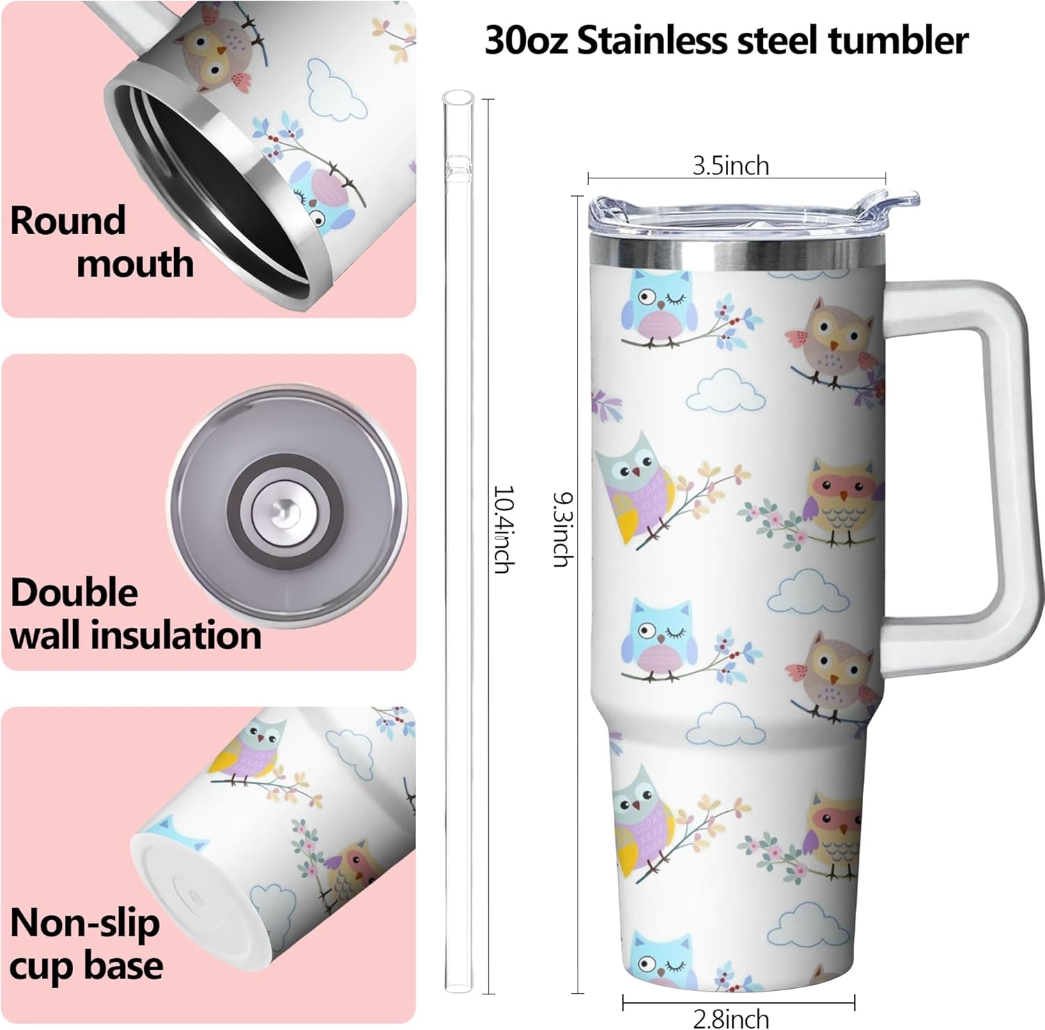 30 oz Owl Tumbler with Handle and Straw, Insulated Stainless Steel Cup with Lid, Travel Coffee Mug Water Bottle, Gifts for Woman Animal Lovers - Image 2