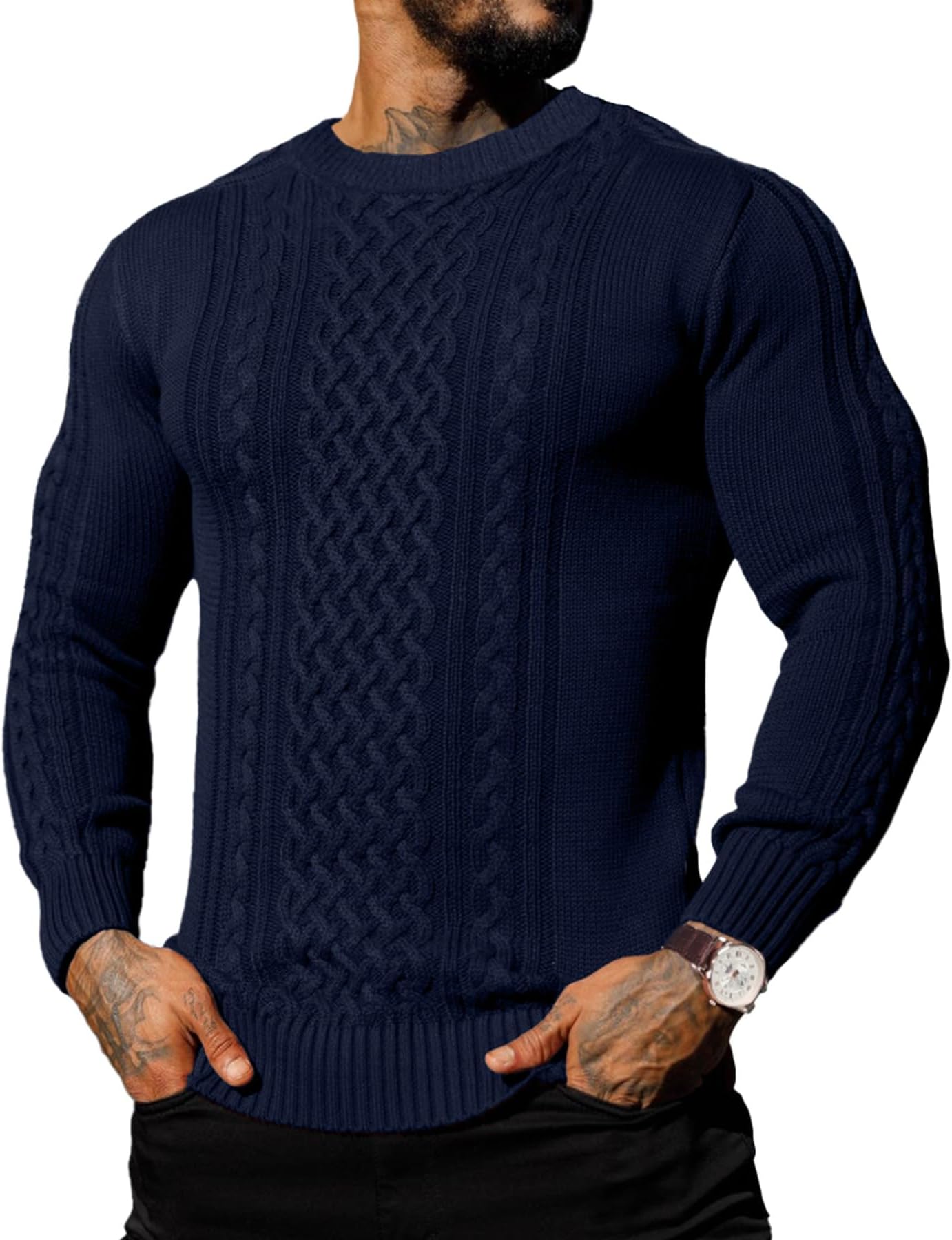 Askdeer Men's Pullover Sweater Fisherman Cable Knit Crewneck Sweater Winter Casual Knitted Sweaters with Ribbing Edge