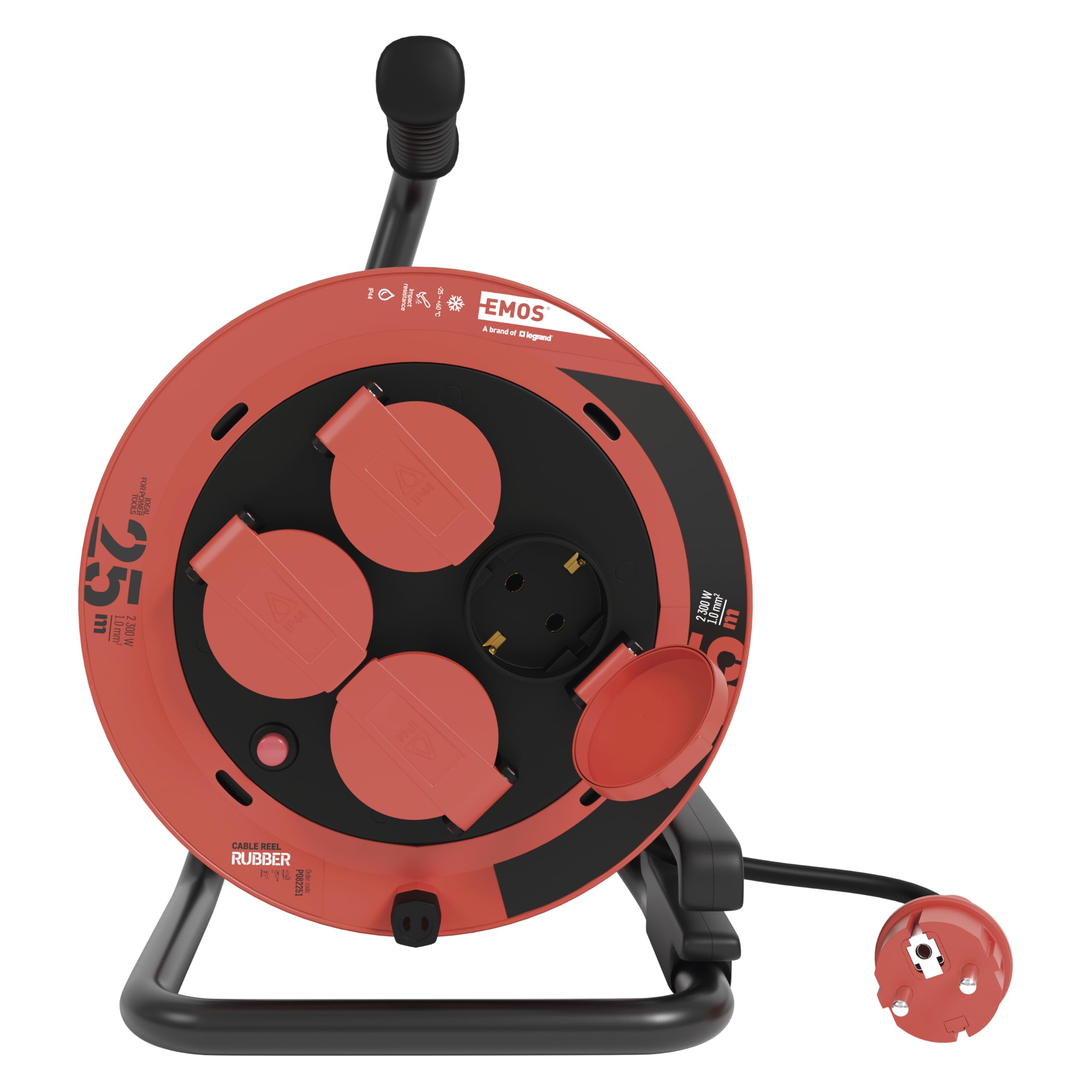 EMOS - Carrete de cable de 25 m - 4 enchufes Schuko con protección de contacto aumentada - Resistente al agua y al frío - Resistente a golpes - 230 V, 10 A, 2300 W - Aislamiento de goma - H05RR-F3G