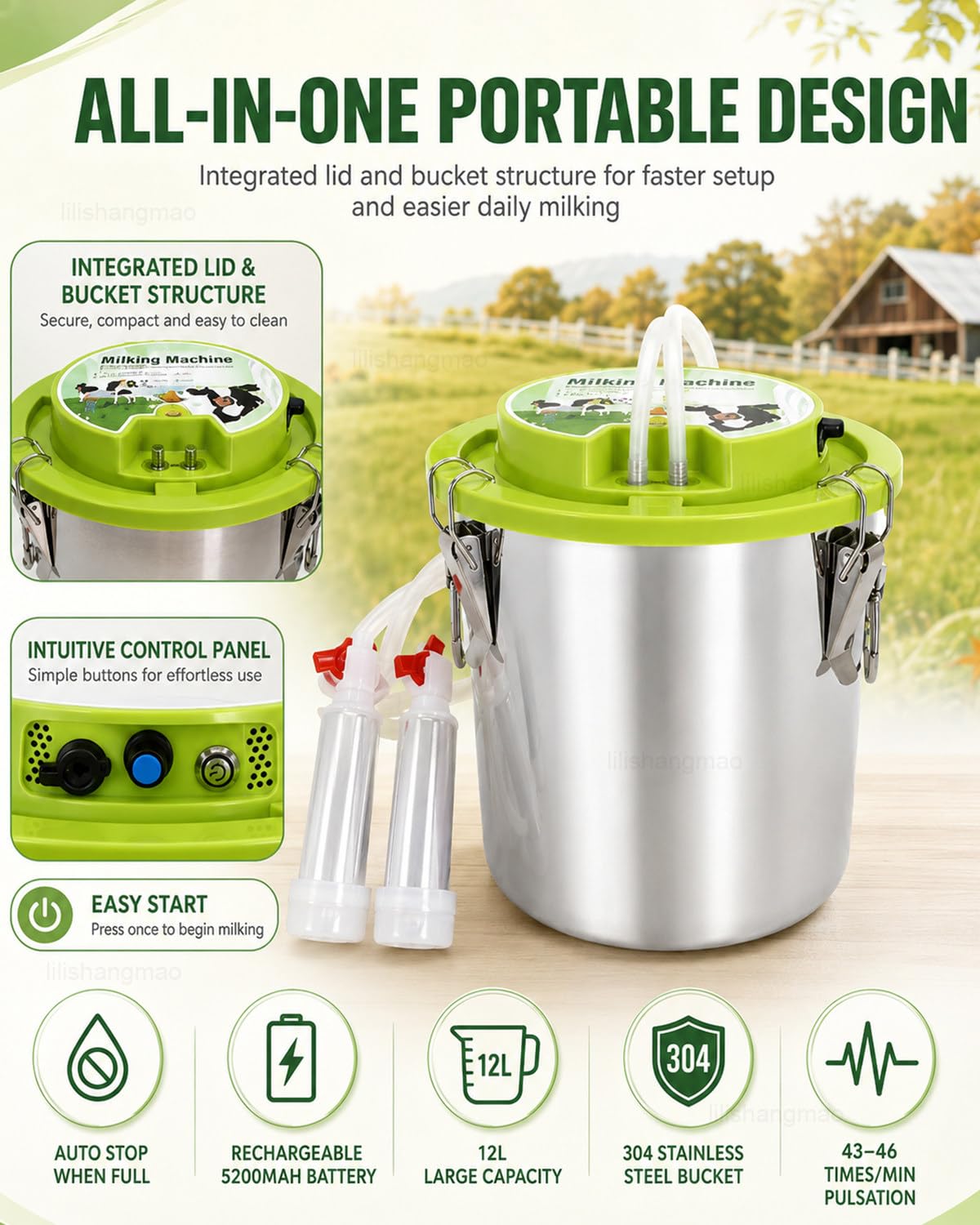 Máquina De Ordeño Eléctrica Portátil, Ordeñadora para Cabras con Cubo De Acero Inoxidable De 12 L, Motor De 48 W, Batería De 5200 mAh Y Pulsación Suave para Granjas Cow