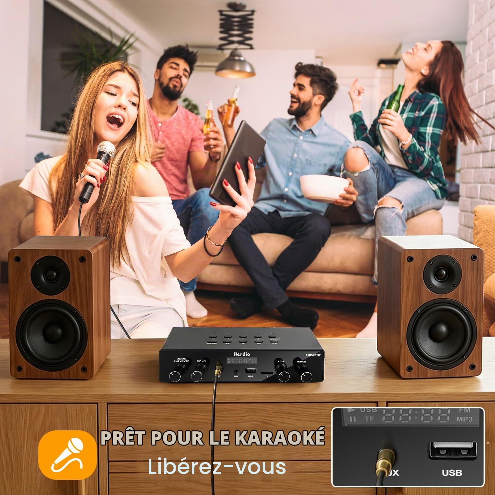 Herdio Bluetooth 5.4 Stereo Audio Amplifier Receiver - 60W Peak Power x 8 Channel with USB/TF/AUX/MIC Inputs, Bass/Treble Control, 4 Zone Independent Power Control for Multi-Room Home Audio System