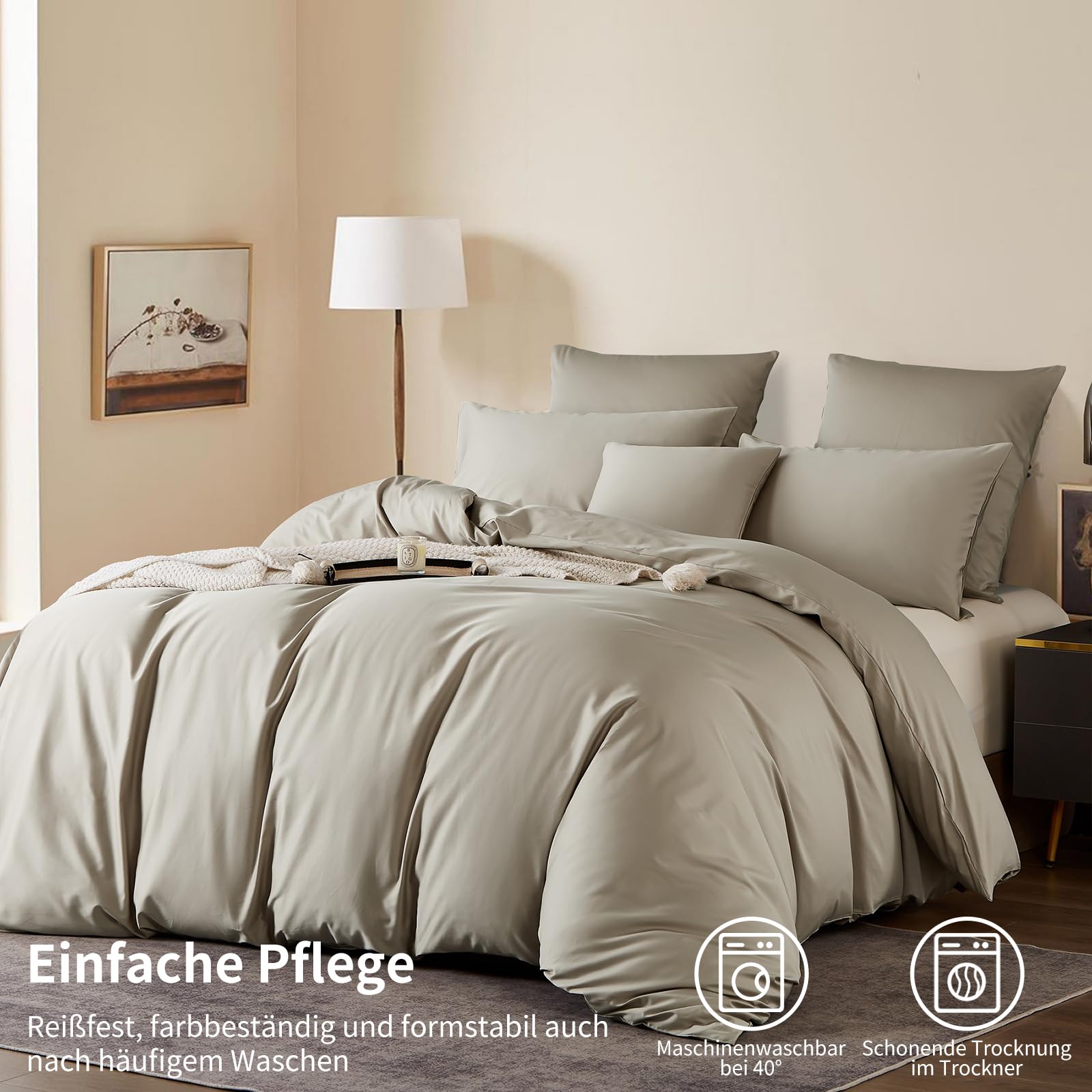 Satin Bettwäsche 220x240 Beige 100% Langstapelige Baumwolle Kühlend Mako Satin Bettwäsche Weich Seidig Atmungsaktiv Seide Bettbezug Set 3 Teilig mit Reißverschluss und 2 Kissenbezüge 80x80 cm