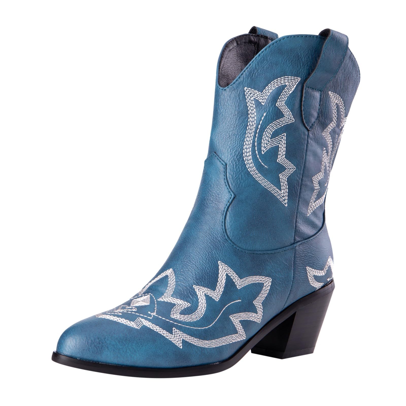 Stivali da donna a metà polpaccio da cowboy western, classici vintage, ricamati, tacco a blocco, in pelle PU, stivali da donna in stile country equitazione western scarpe da sposa, Blu, 42.5 EU