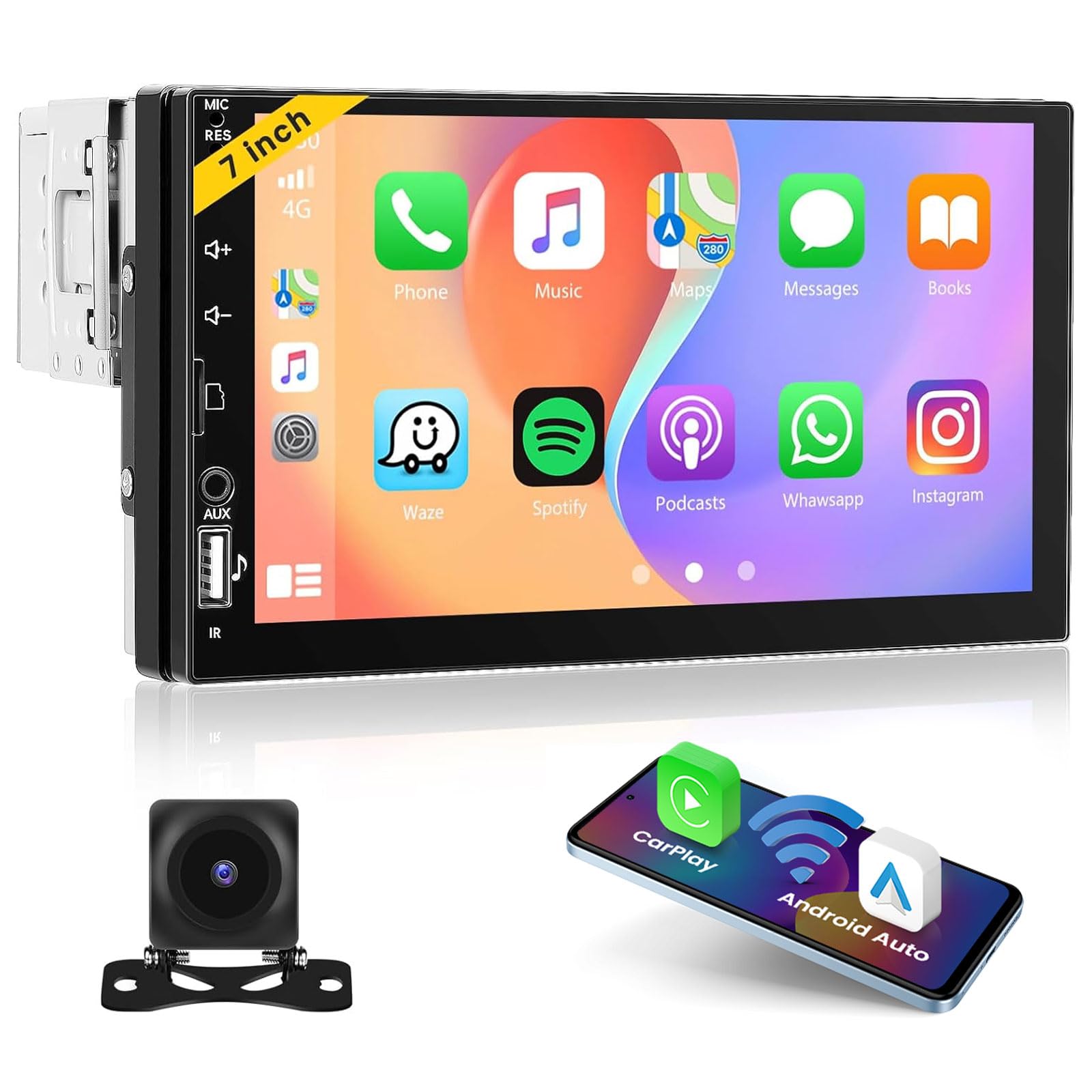 Radio Coche 1 DIN inalámbrico Carplay Android Auto con Pantalla 7 Pulgadas, Autoradio Bluetooth con Radio FM, Mirror Link, USB, AUX, SWC, Mic, Cámara Trasera