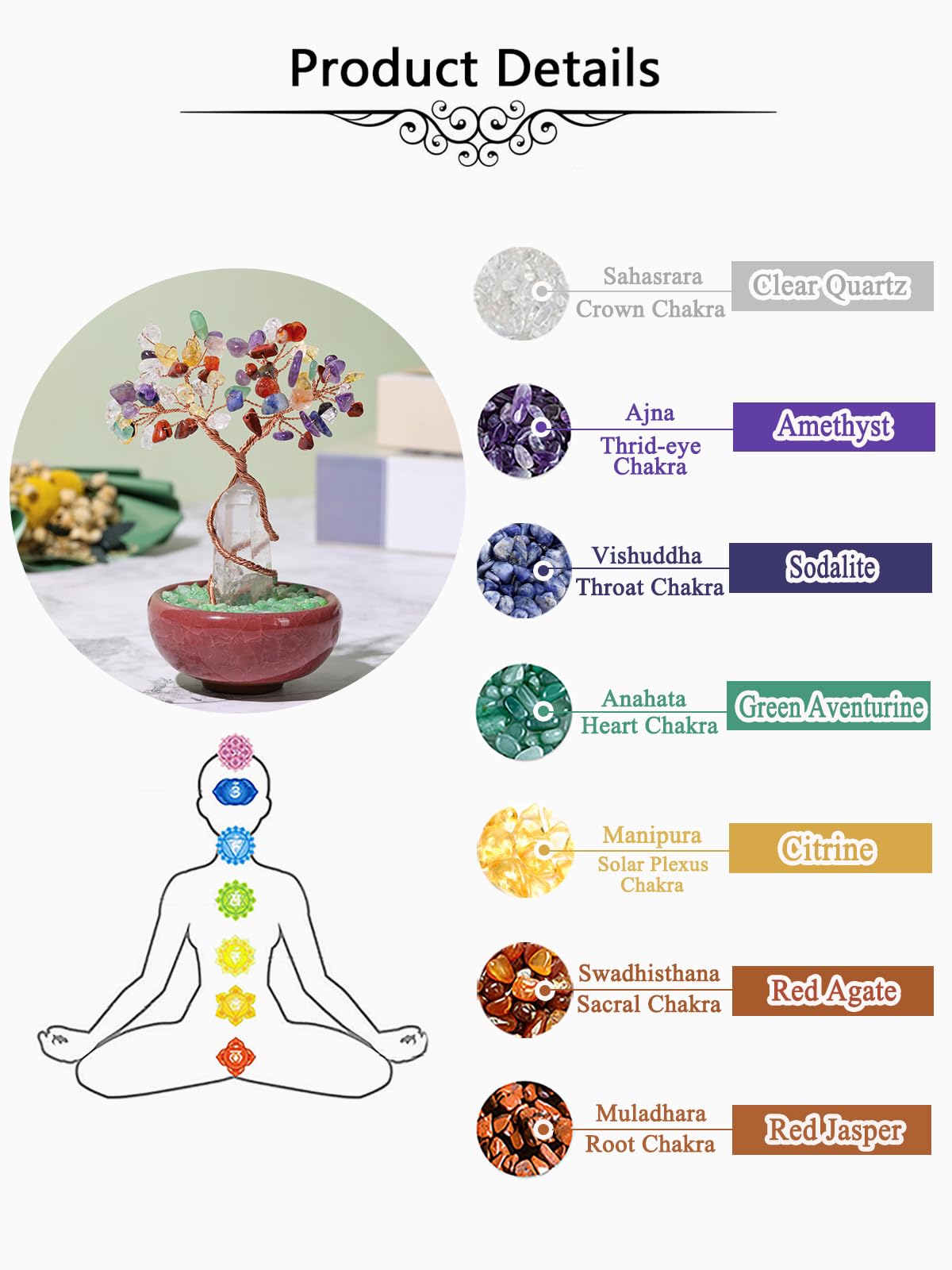 JOVIVI Albero della Vita Soprammobile in Pietra Naturale con Bacchetta di Cristallo Feng Shui Albero Portafortuna Torre Cristallo Curavito Reiki Guarigione Vaso Ceramica Decorazione Interni - 7 Chakra