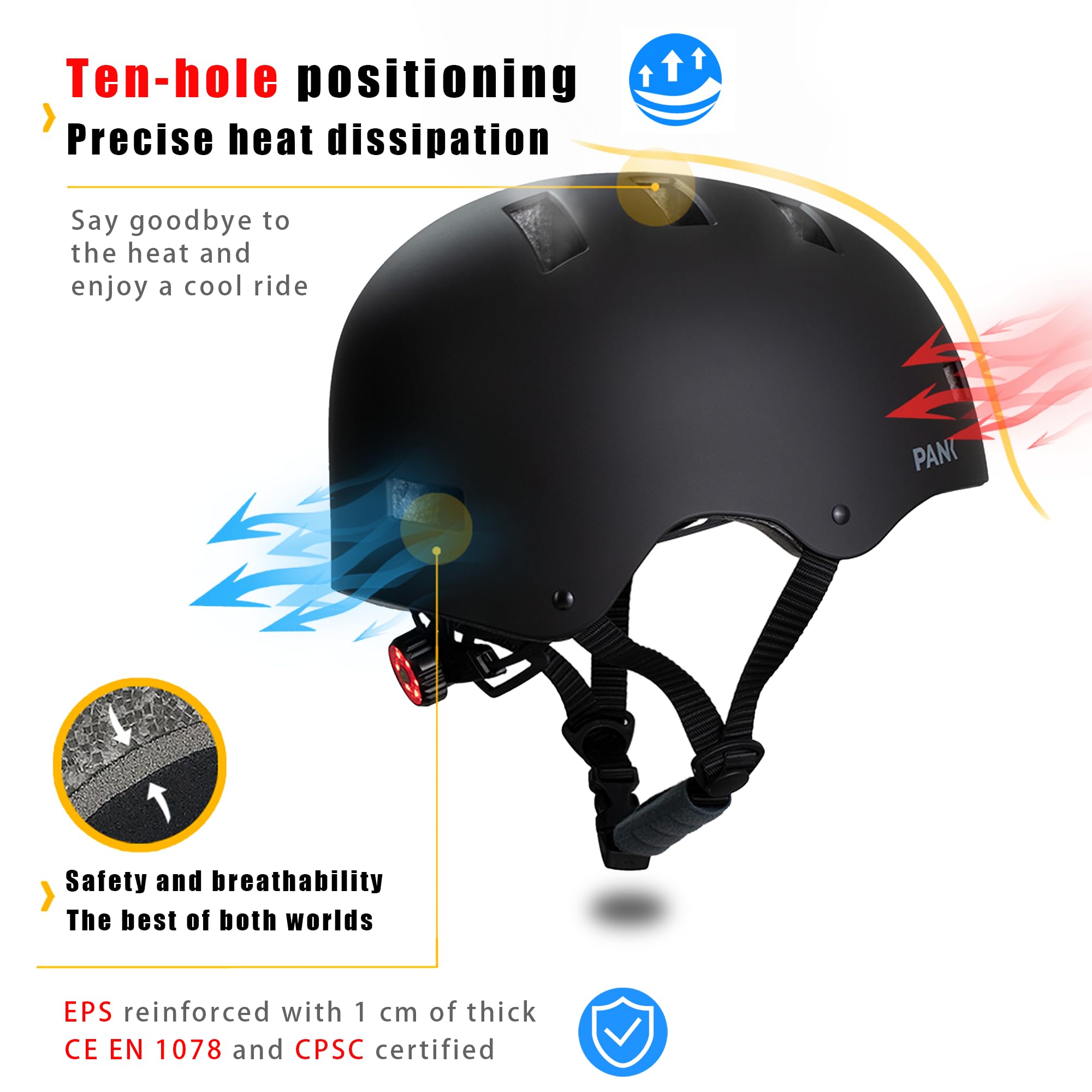 PANK Premium Casco Bicicleta Adulto Hombre Mujer con Certificado CE Casco Skate MTB BMX Casco, luz Trasera LED & Acolchado Blando, Negro Mate y Gris, M (55-58 cm) & L (59-62 cm)