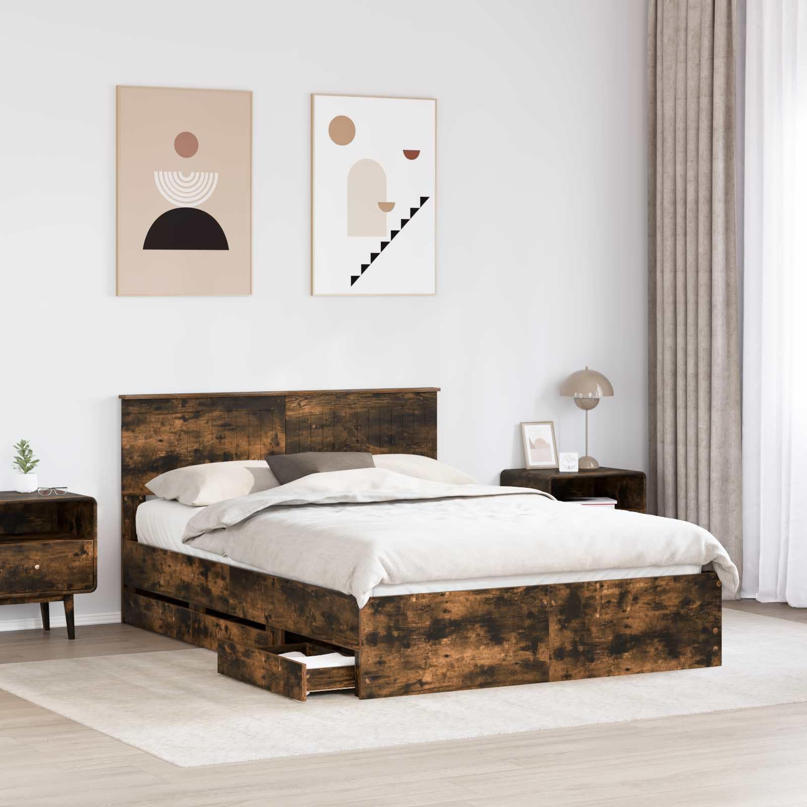 Rama łóżka z wędzonego dębu 140 x 190 cm z drewnem inżynierskim, nowoczesne wzornictwo, stabilne materiały drewnopochodne, 6 szuflad, na łóżko podwójne, miejsce do przechowywania, trwała