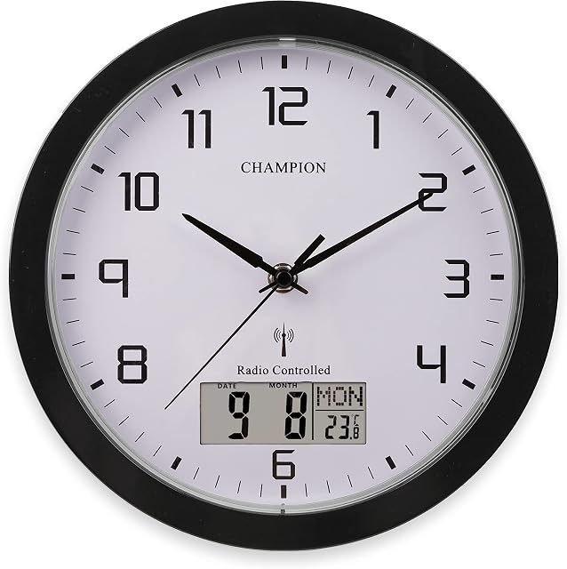 Champion 25cm MSF Radio Controlled Quartz wall clock with inset LCD display with day/date - Black