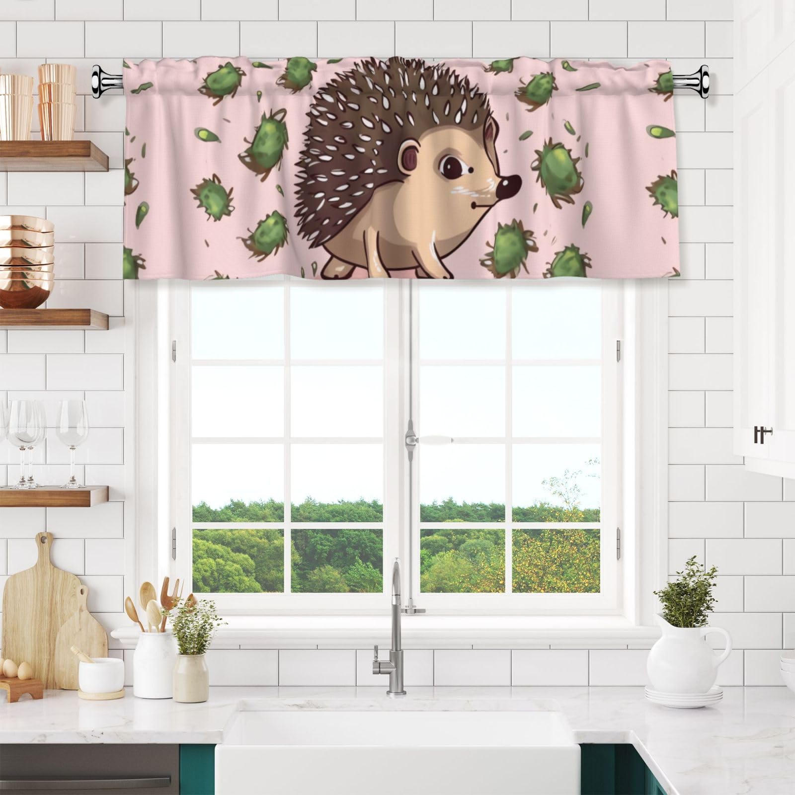 NONHAI Cartoon Hedgehog Valances for Windows Short Curtains Rod Pocket Cafe Window Treatments Valance Curtains for Kitchen Bathroom Laundry Basement Windows 54x18inch Blackout Window Valance