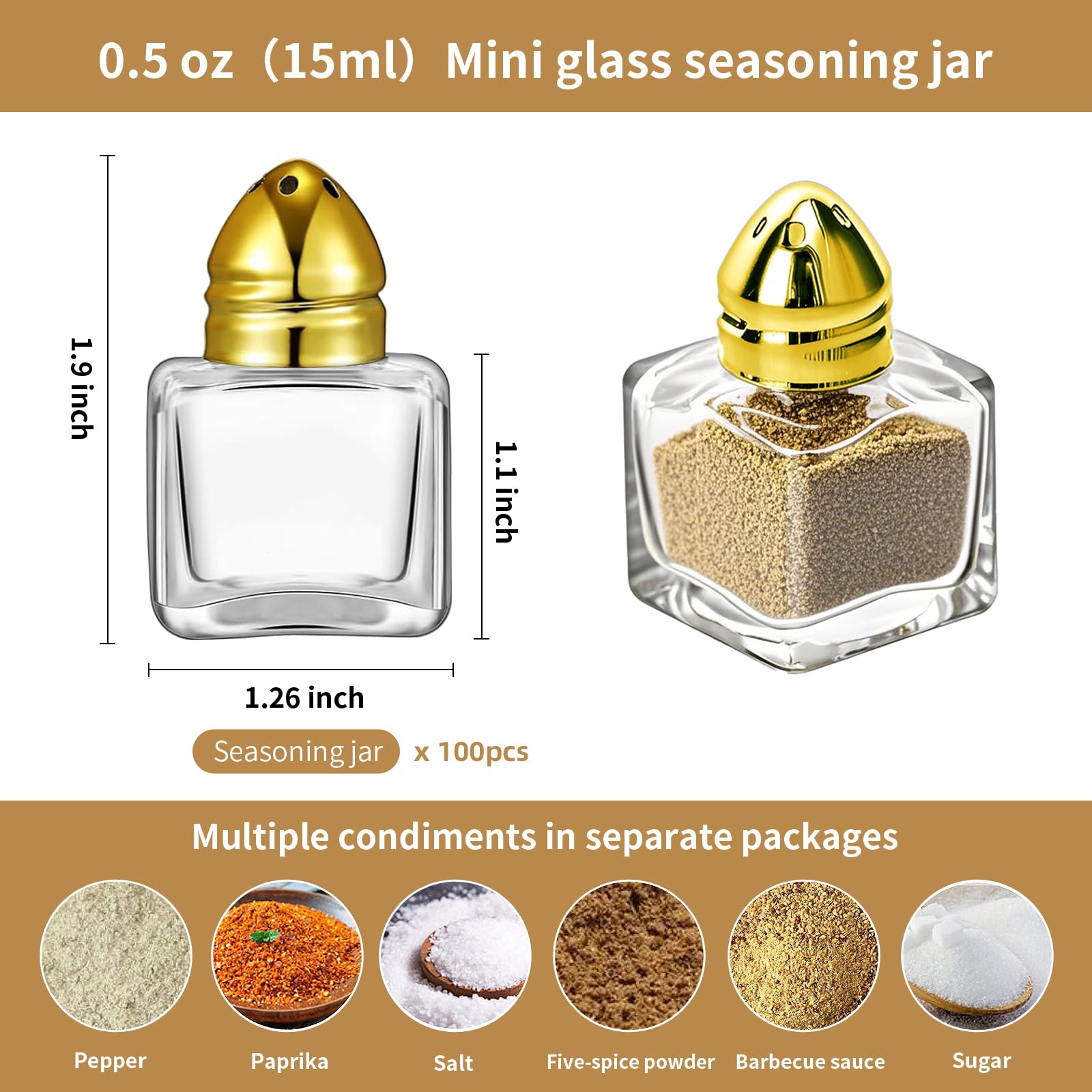 Lot de 100 mini salières et poivrières en vrac de 14,2 g, petits cubes en verre avec couvercle en acier inoxydable pour cuisine, restaurant, voyage, maison, camping, fête (doré)