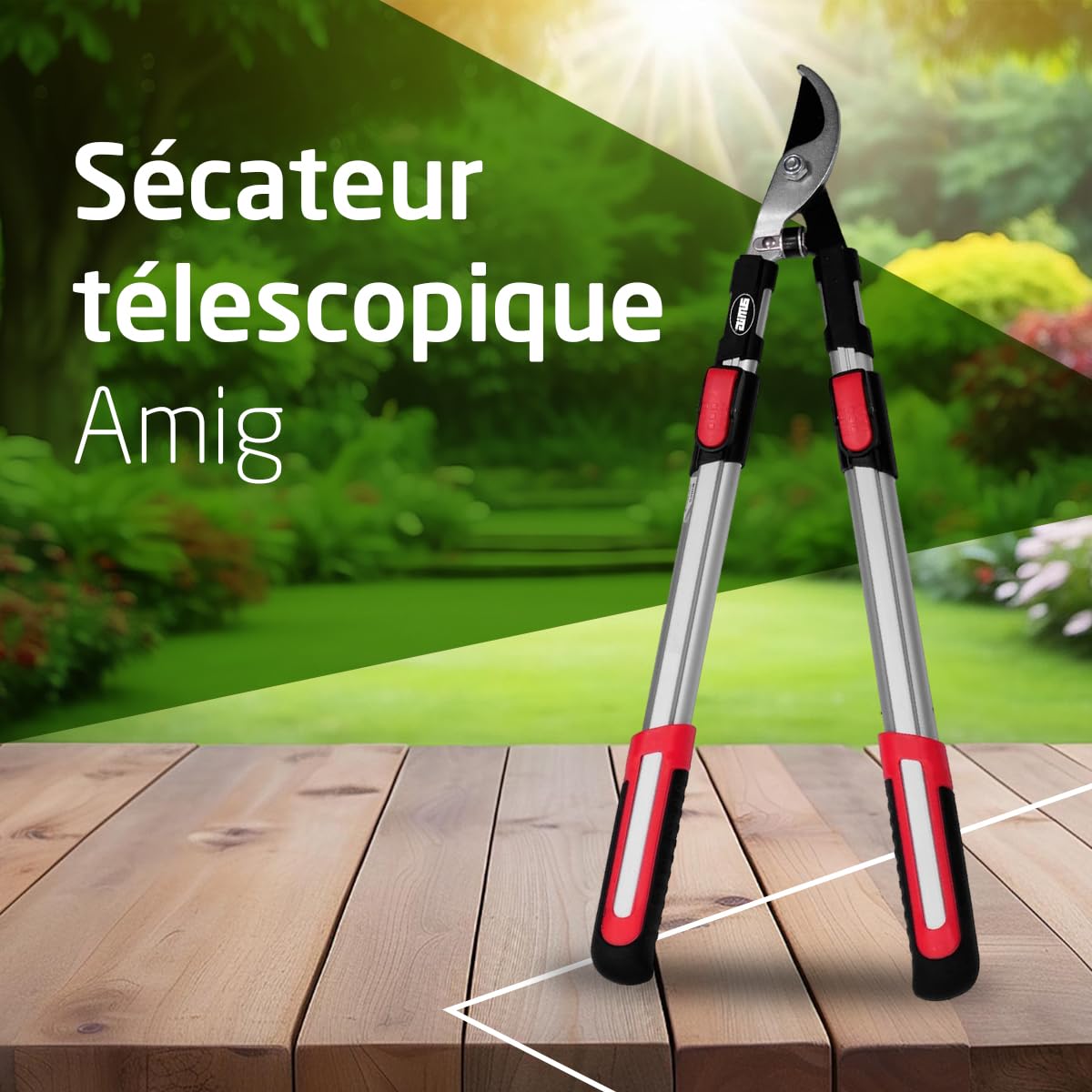 Amig - Cisaille d'Élagage Extensible à Deux Mains | Manche Télescopique en Aluminium | Lame en Acier Revêtue de Téflon | De 62 à 97 mètres | Coupe Bypass | Capacité de Coupe de 38 mm