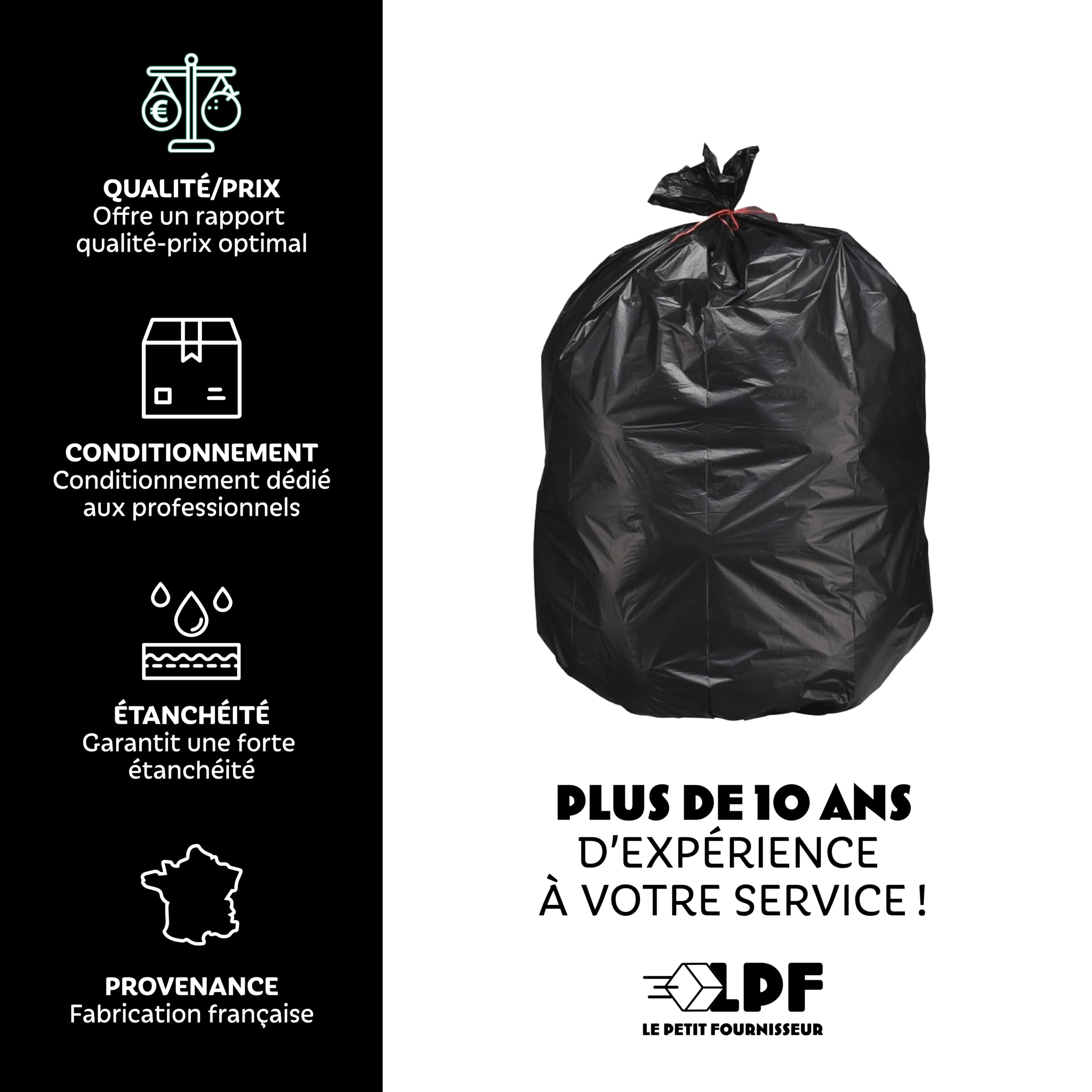 LPF LE PETIT FOURNISSEUR - Lot de 200 Sacs Poubelle 50L - Sacs Grand Volume - 100% Recyclable - 35µ - PEBD recyclé - Qualité Professionnelle - Haute Résistance poids et objets coupants - Couleur Noir