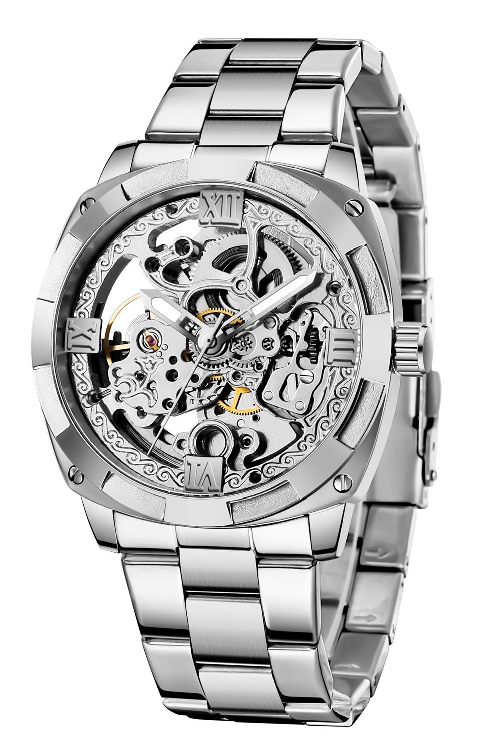 Tiong Mechanical Men's Watch Stainless Steel Automatic Skeleton Watch Waterproof Watches for Men Father’s Day Gift