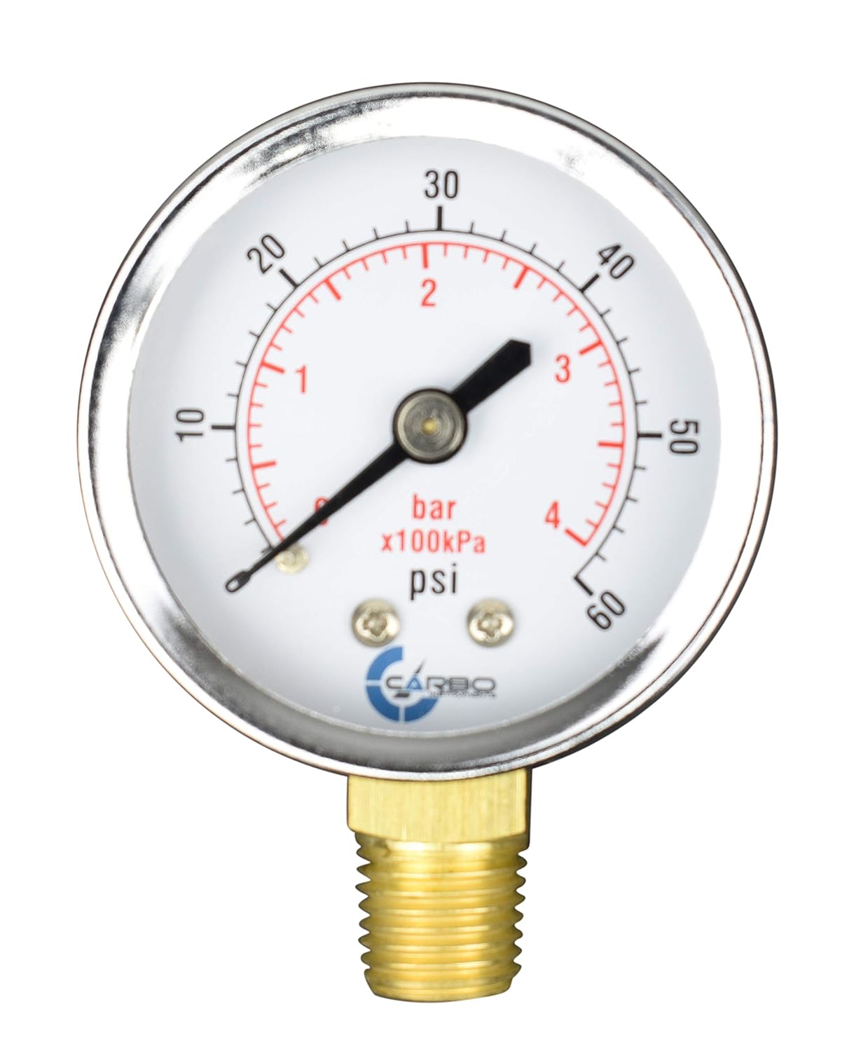 2 Pressure Gauge, Chrome Plated Steel Case, Dry, 0-60 psi/kPa, Lower Mount 1/4 NPT