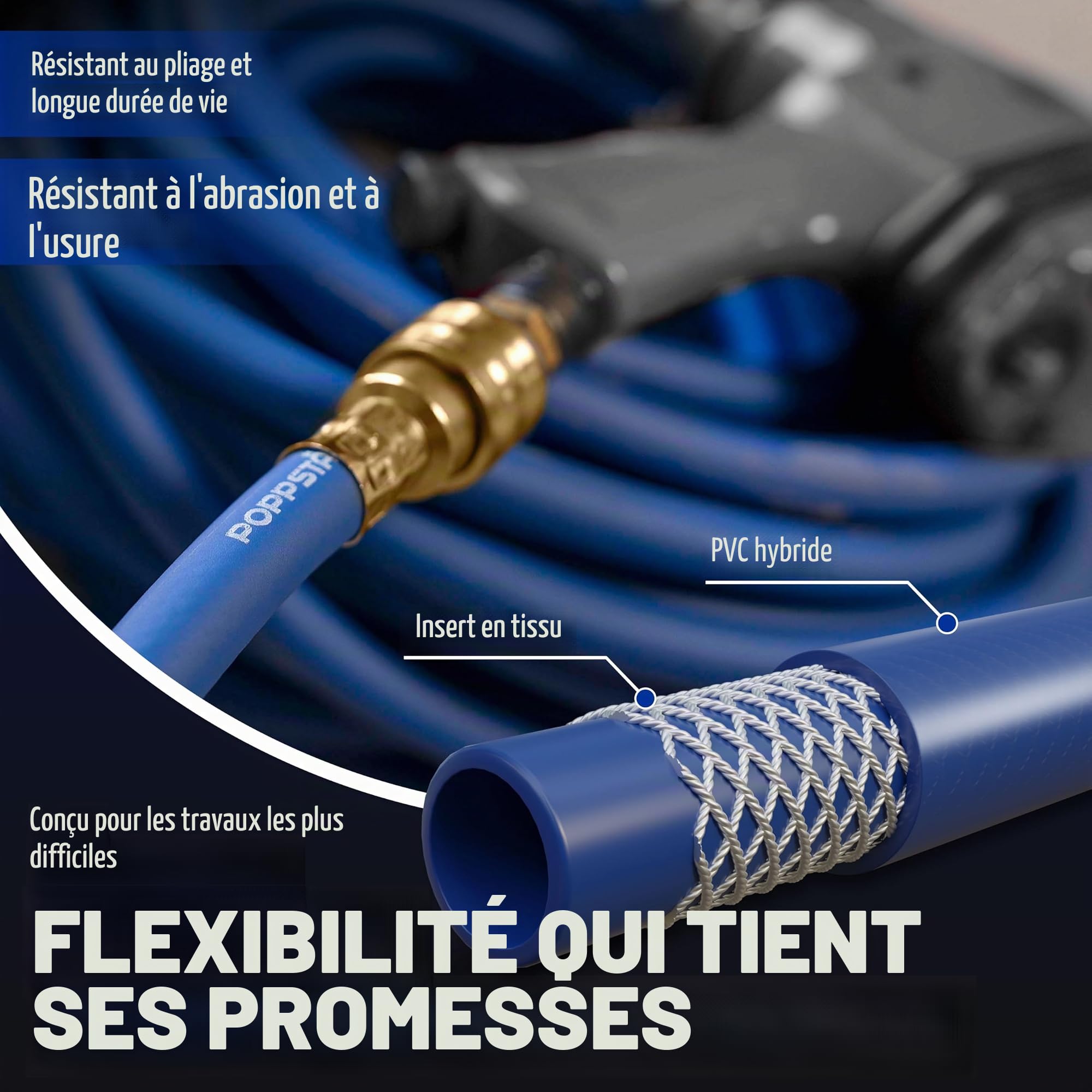 Poppstar Tuyau à Air Comprimé 30 m (PVC Hybride avec Tissu, Diamètre Intérieur 9,2mm avec Raccord Rapide en Laiton & Raccord de Tuyaux) jusqu'à 20 bar, Bleu