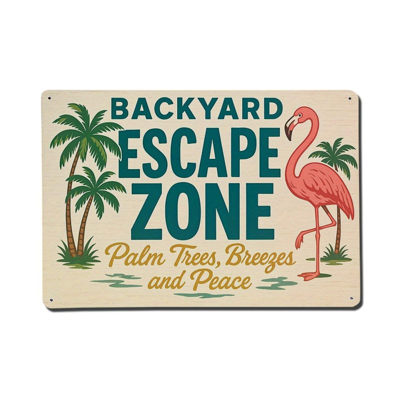 Backyard Escape Zone Palm Trees Flamingo Retro Metal Tin Sign, Vintage Decor Art Poster for Bar, Home, Man Cave, Kitchen, Laundry Room Gift 8x12Inch