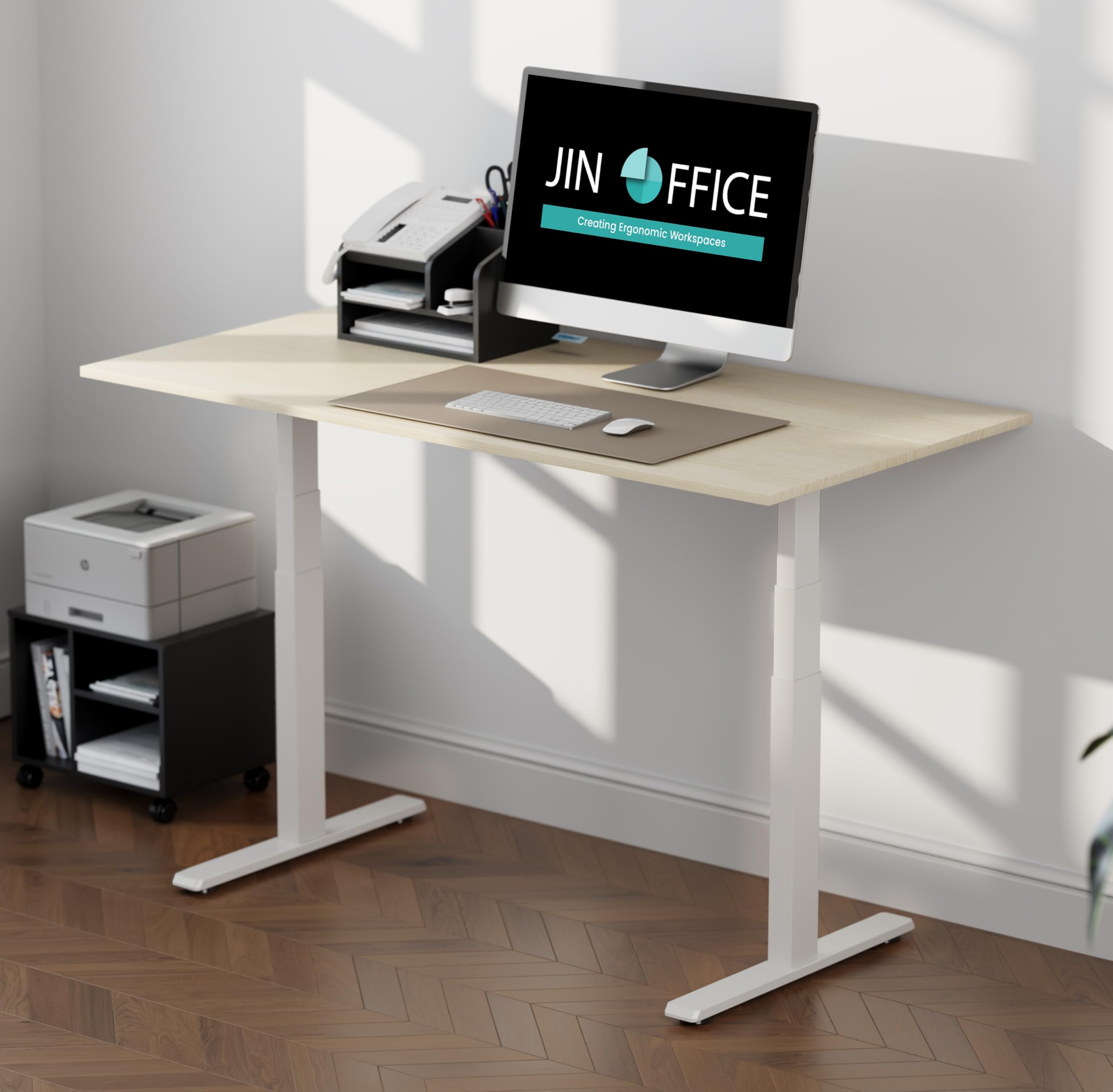 JIN OFFICE Titan Premium Dual Motor 3-Stage Electric Height Adjustable Desk| Sit Stand Table for Home| Standing Desk with 125Kg Wt. Cap, 3 Year Warranty| 3 Memory Presets| White & Maple| 1200 * 750mm