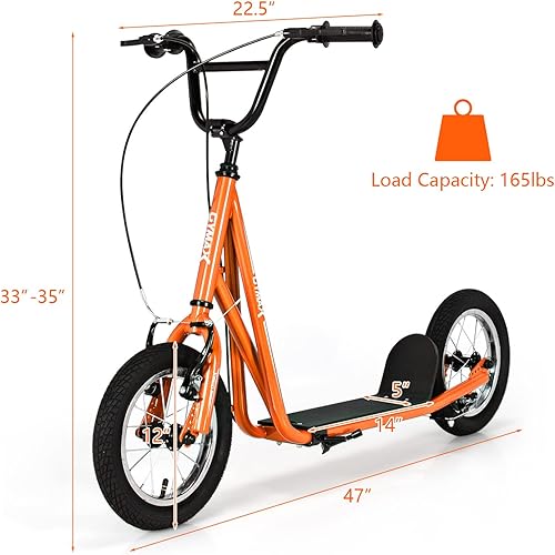 Miniatura 7 de GYMAX Patineta juvenil con frenos de pinza delanteros y traseros, clavijas de eje trasero, ruedas inflables de 12 pulgadas y soporte estable para