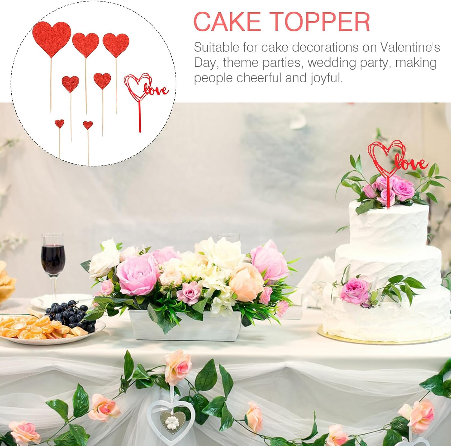 Wakauto 20pcs Valentine’s Day Cake Toppers Love Insert Picks for Cake Decoration Wedding and Party Non-edible Acrylic Love Topper Set