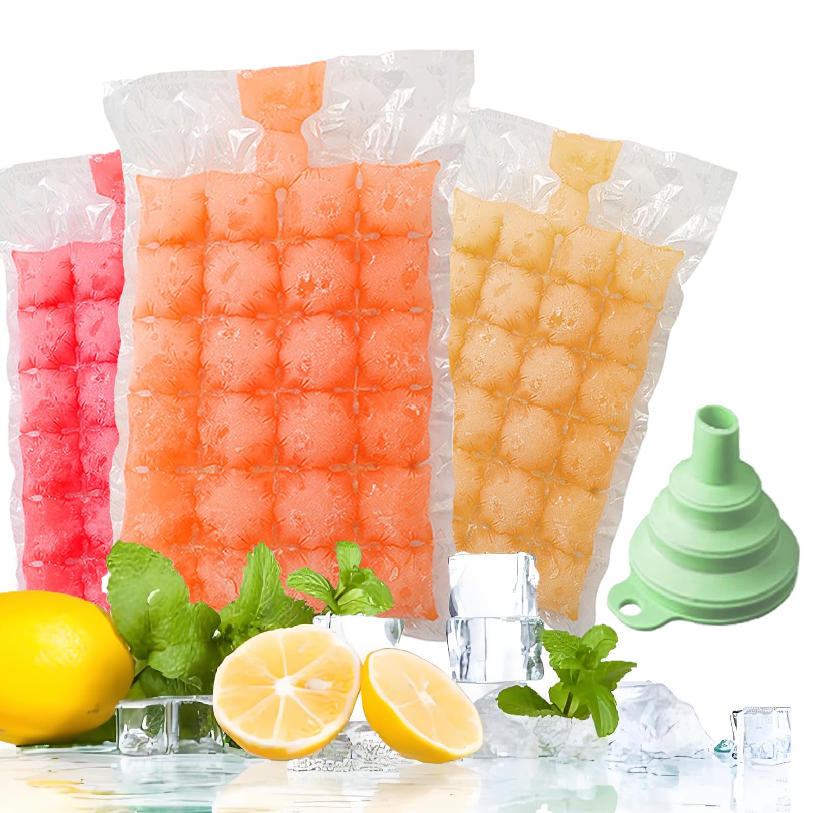 50 Pack Ice Bags for 1200 Ice Cubes, Food Grade PE Disposable Moulds Freezer Bags, Self-Sealing Quick Freezer Odorless Ice Maker Bags with Silicone Funnel, for Drinks, Cocktail, Coffee, Food Storage