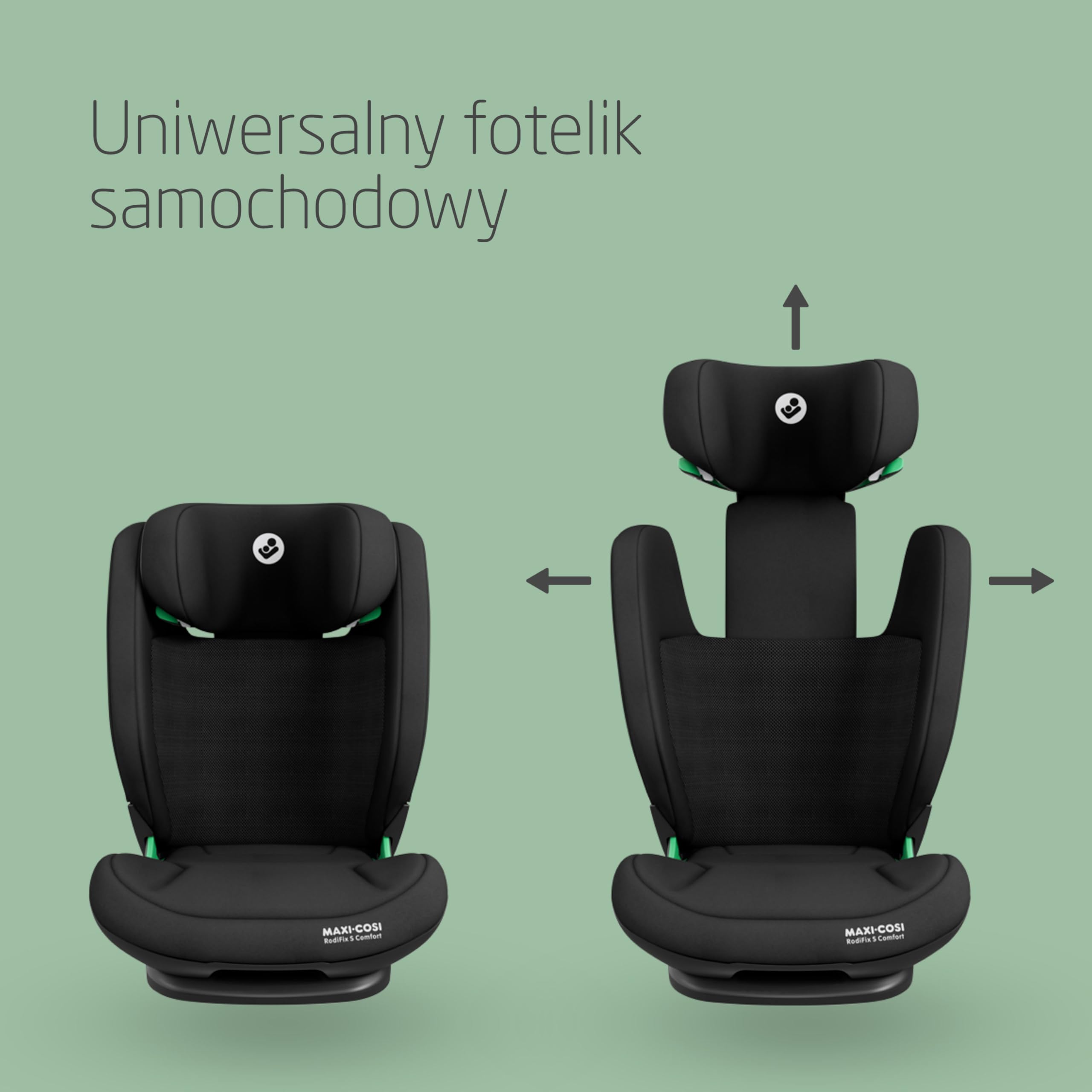 Maxi-Cosi RodiFix S Comfort i-Size, komfortowe materiały przepuszczające powietrze, regulowany fotelik samochodowy, 3,5–12 lat (100–150 cm), 3 pozycje odchylania, G-CELL, AirProtect, Authentic Black