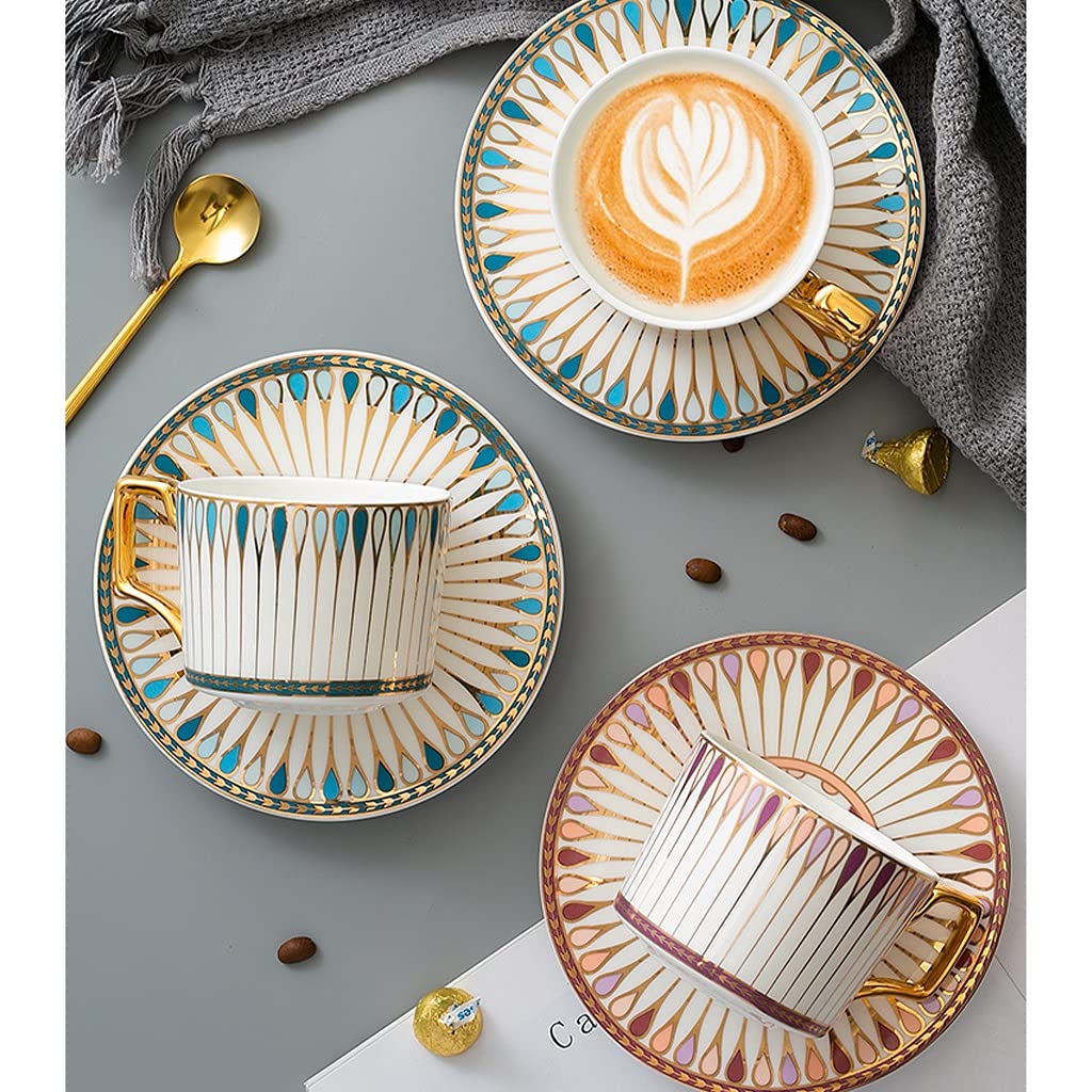 Untertassen und Löffel, Keramikbecher, Teetassen- und Untertassen-Sets 7,4 Unzen, goldene Handdruck-Teetasse mit Untertassen-Set und Tasse und Keramik-Untertassen-Set for Kaffeespezialitäten, Latte, C