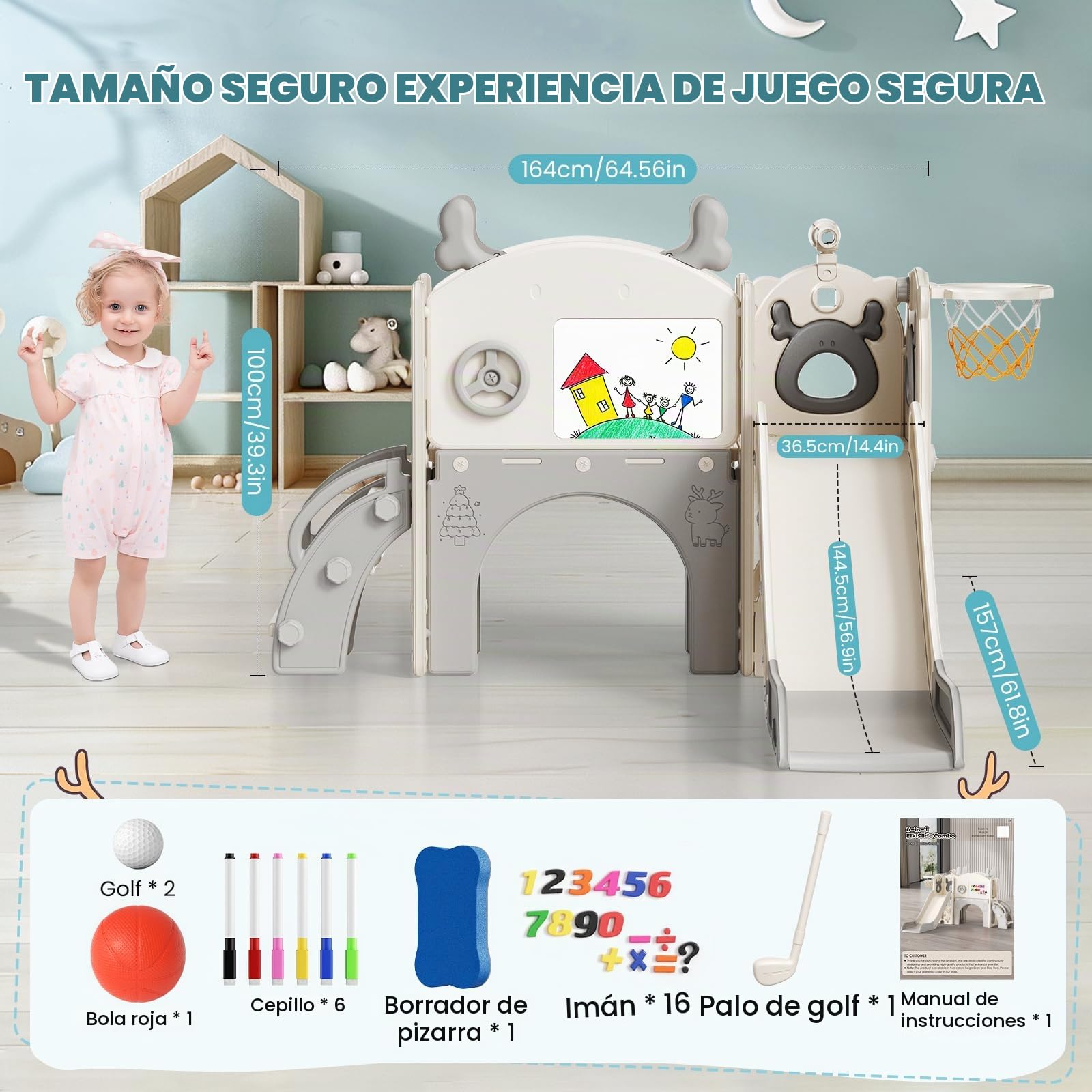 Tobogán Elk 10 en 1 con Canasta de Baloncesto, Golf, telescopio, Estructura para Escalar, tobogán Interior para niños, Juguetes Montessori para Parques Infantiles(Beige grisáceo)