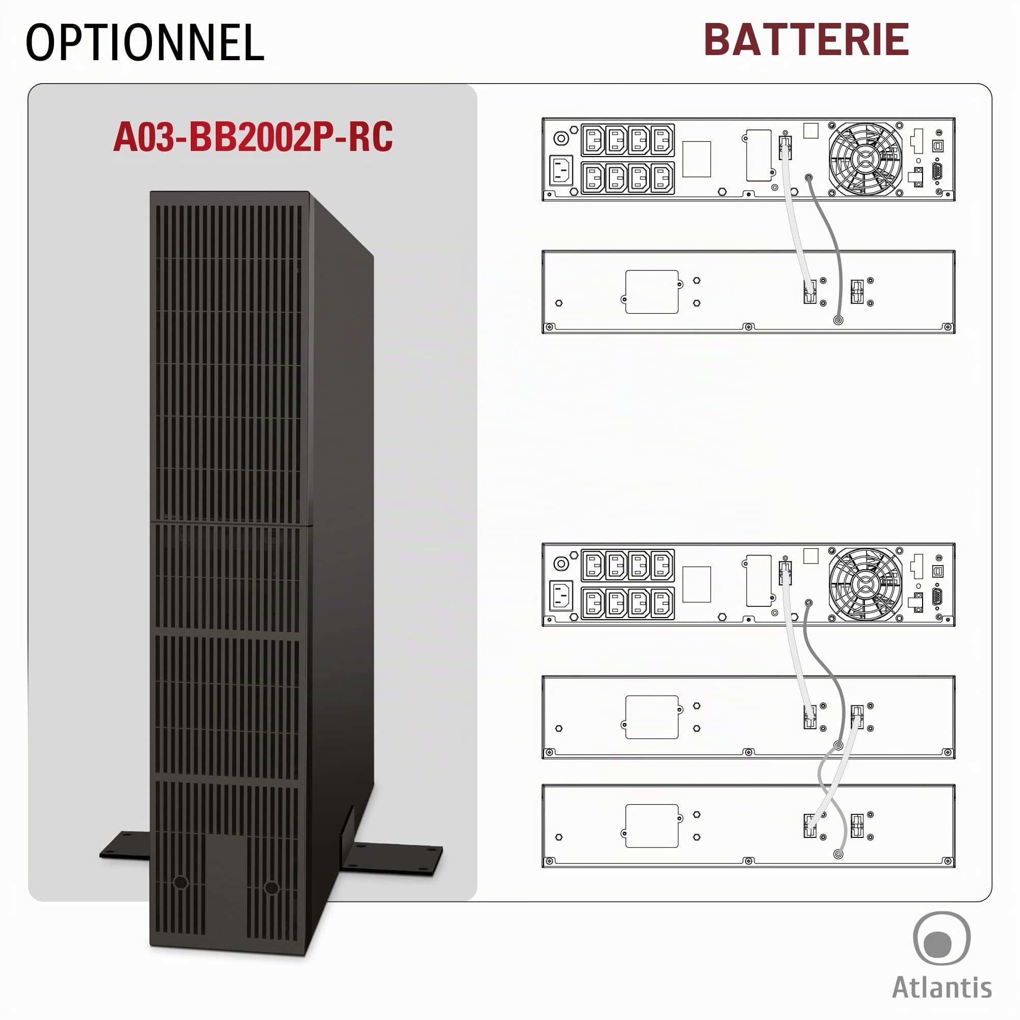 Atlantis A03-OP2002P-RC Pro Onduleur (UPS) Online Double Conversion et Pure sinusoïde avec Une Puissance de 2000VA 1800W, Serveur Rack, écran LCD, USB, RS-232, 8 Sorties IEC, Slot SNMP, 4x12V-9Ah