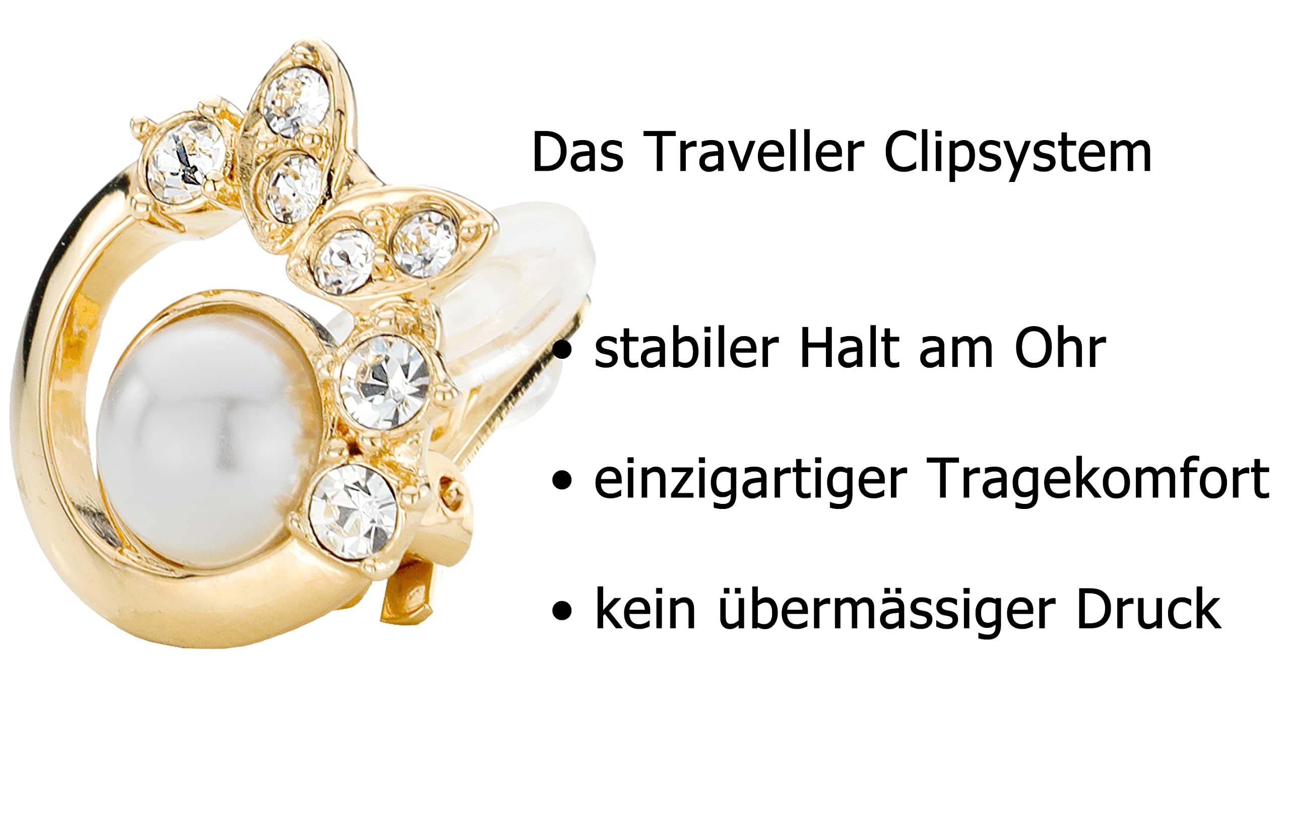 Traveller Ohrclip - Preciosa Kristalle - 8mm Perle weiss - diverse Farben