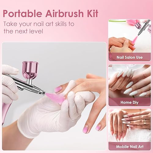 Miniatura 2 de Rhinowisdom Aerógrafo para uñas, kit de aerógrafo con compresor 48PSI de alta presión, recargable, portátil, pistola de cepillos de aire con