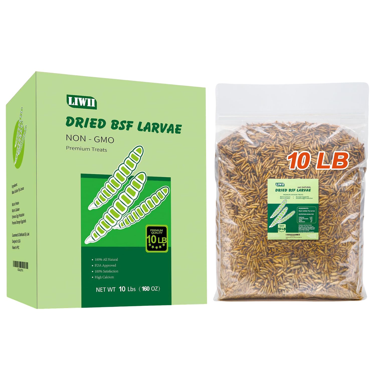 LIWII 10LB Dried Black Soldier Fly Larvae, 86X Calcium Than Dried Mealworms, High Protein Non-GMO Organic Chicken Feed