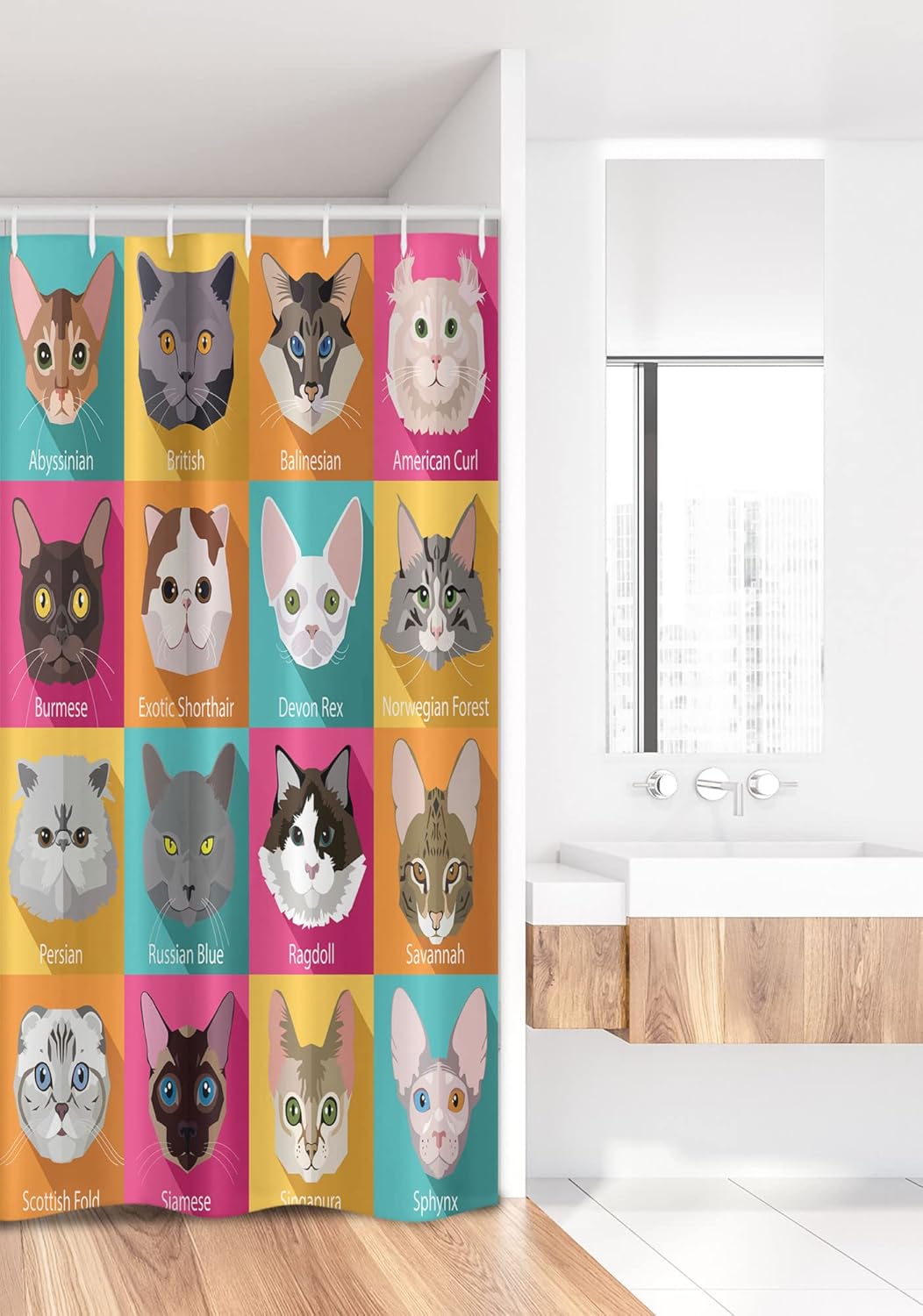 Ambesonne Cat Lover Stall Shower Curtain, Popular Breeds Abyssinian American Burmese Sphynx Norwegian Forest Scottish Fold, Fabric Bathroom Decor Set with Hooks, 36" W x 72" L, Multicolor