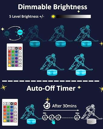 Attivolife Ice Hockey 3D Night Light, Bedside Illusion Optical Hologram LED Lamp with Remote Control + Timer 16 Color Changing, Bedroom Decor Personalized Best Birthday Gift for Kid Boy Teen Sport Fan