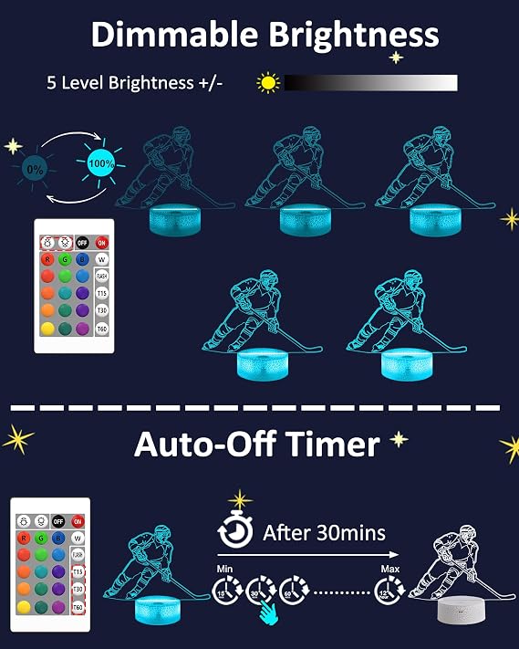 Attivolife Ice Hockey 3D Night Light, Bedside Illusion Optical Hologram LED Lamp with Remote Control + Timer 16 Color Changing, Bedroom Decor Personalized Best Birthday Gift for Kid Boy Teen Sport Fan