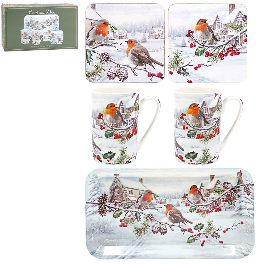 The Leonardo Collection Christmas Robins 5pc Gift Set Figurines & Ornaments For Home & Office | Decorative Home Accessories Statues For Indoor & Outdoor | Lovely Gifts for Women & Men