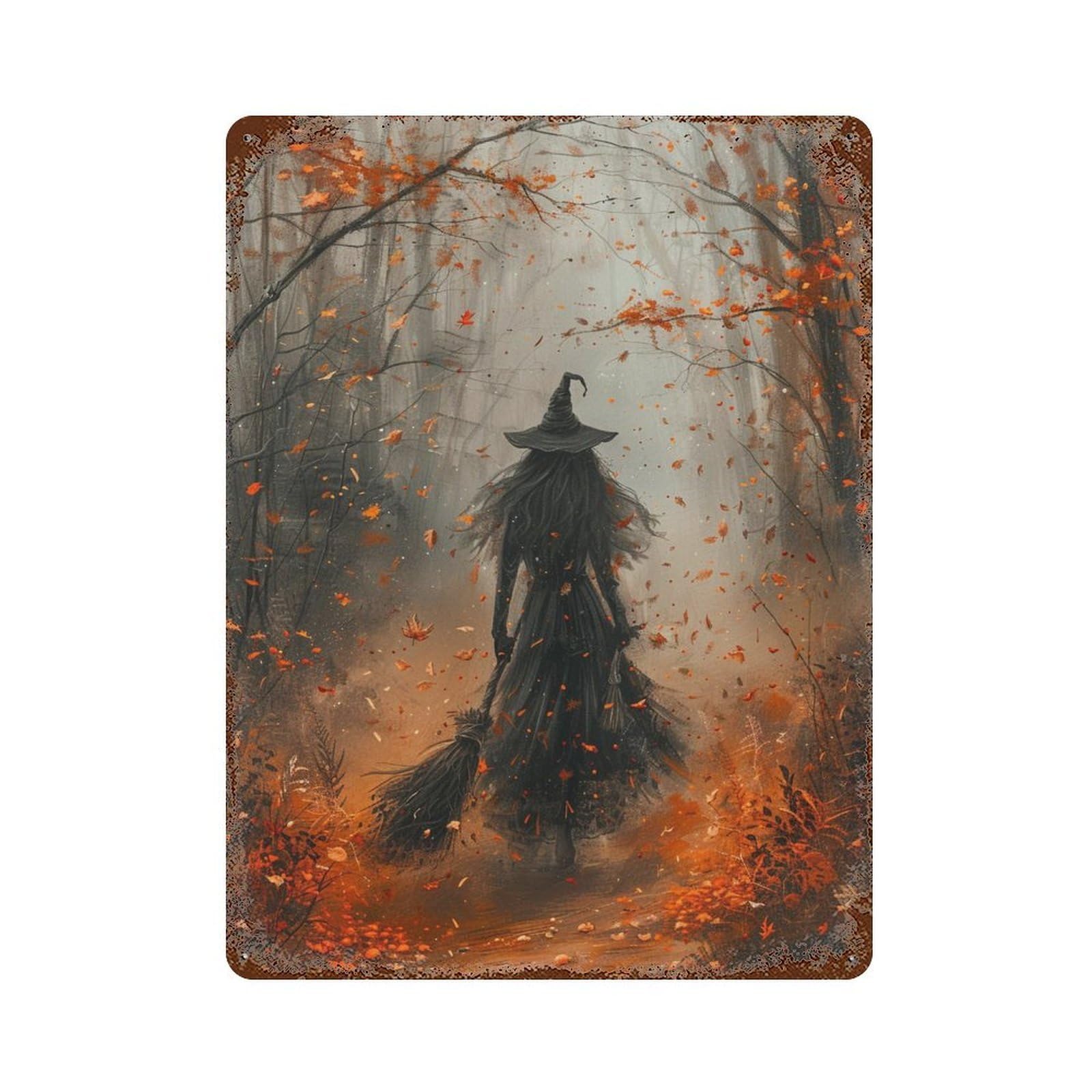 Garage Style Autumn Witch's Journey Weathered Tin Sign 15.7"x11.8", Shabby Chic Decor for Bar And Workshop