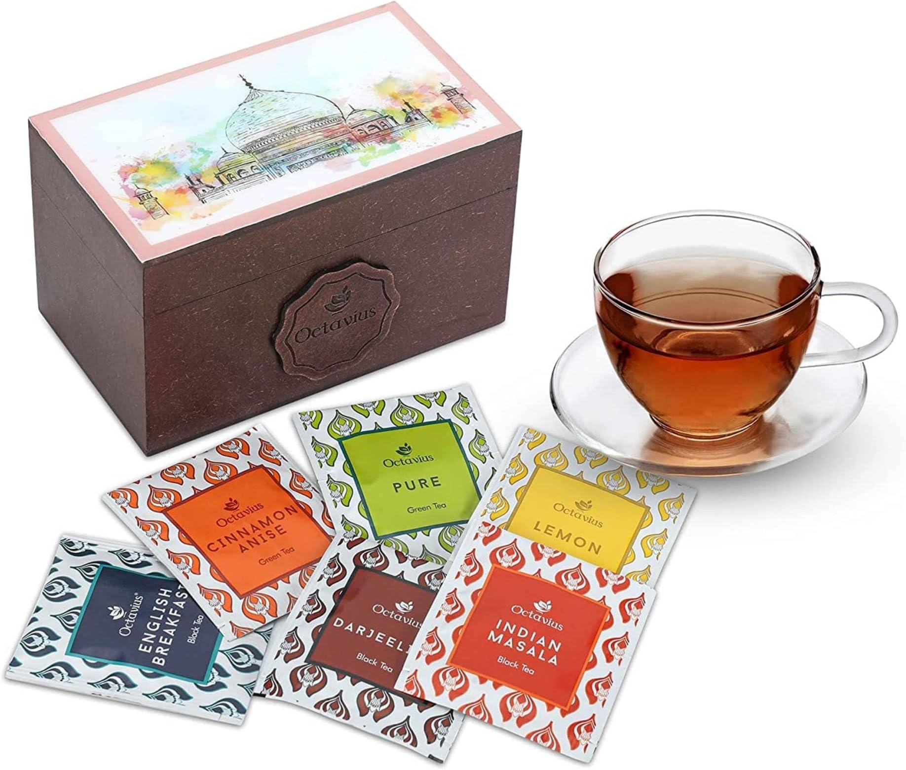 Octavius Assorted Tea Gift Set | 6 Assorted Black & Green Teas | 30 Teabags | Wooden Tea Sampler Pack w/Taj Print Design | Pack of 1